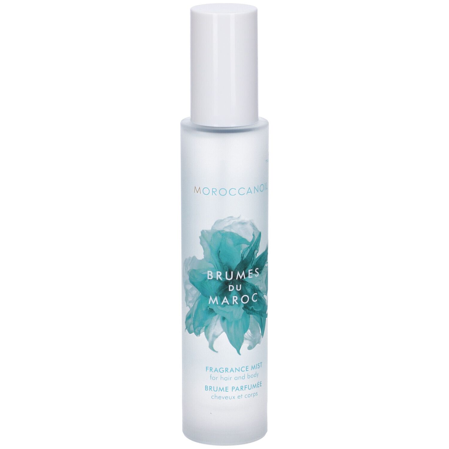 Flacon de brume parfumée pour cheveux et corps, inscription "Moroccanoil Brumes du Maroc".