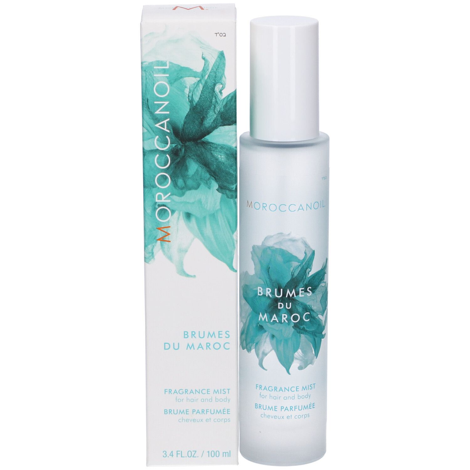 Moroccanoil Brumes du Maroc Brume parfumée flacon et boîte avec motif floral.