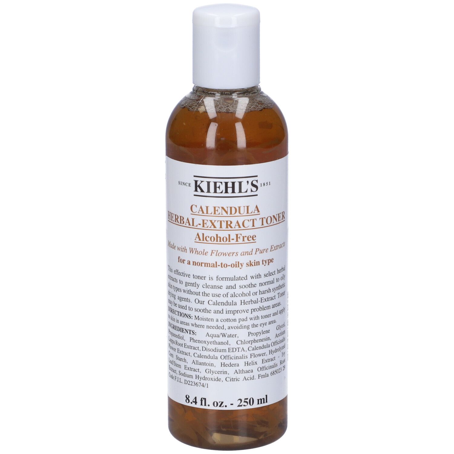 Flacon de Kiehl's Calendula Herbal-Extract Toner. Liquide brun dans un flacon transparent avec un bouchon blanc. Texte : Alcohol-Free.