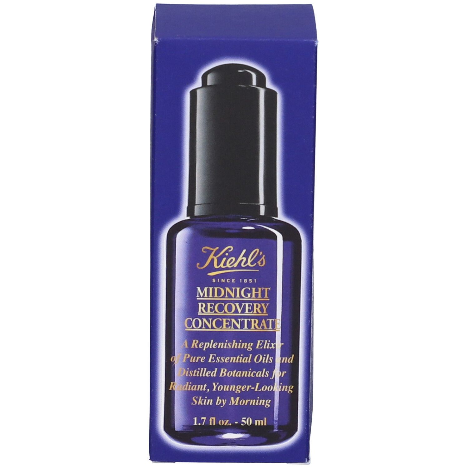 Flacon bleu foncé avec bouchon noir. Inscription : Kiehl's Midnight Recovery Concentrate. 1,7 fl oz - 50 ml.