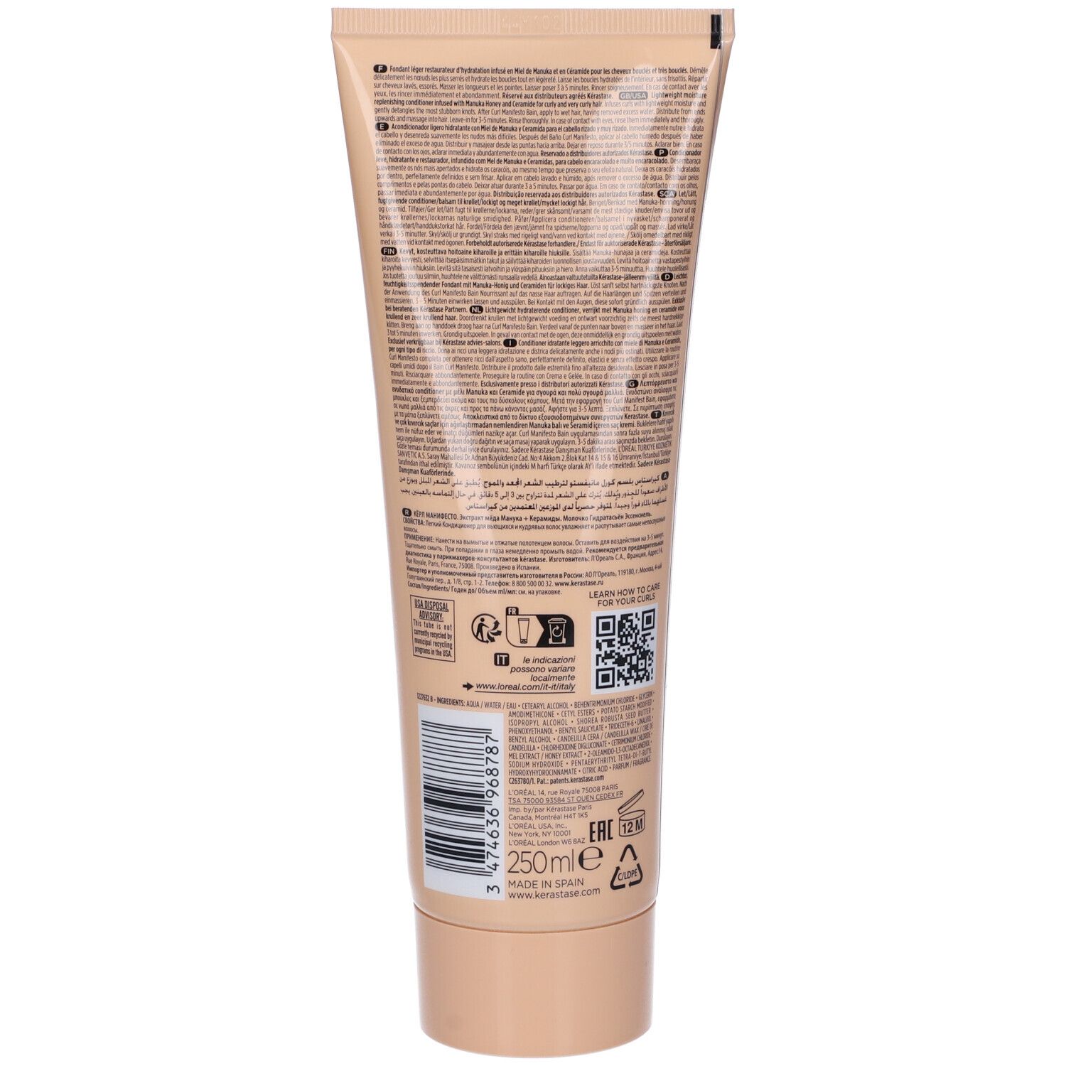 Dos d'un tube beige. Texte multilingue, dont français, allemand, italien et néerlandais. Code-barres et QR code.