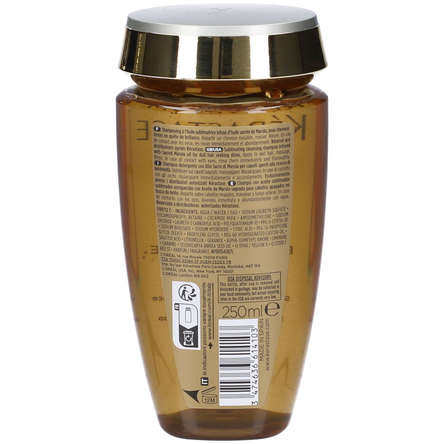 Arrière d'une bouteille de shampooing Kérastase Elixir Ultime avec ingrédients et code-barres.