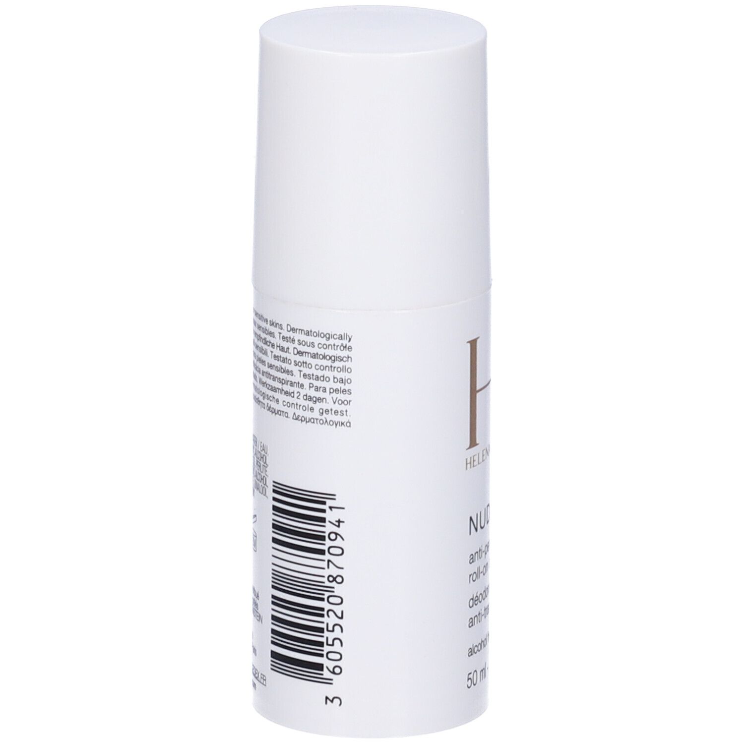 Flacon roll-on blanc avec inscription dorée. Contient 50ml.
