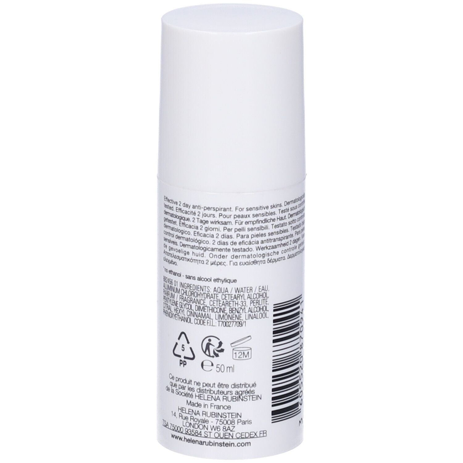 Flacon blanc de 50 ml de déodorant, avec liste des ingrédients et informations fabricant.