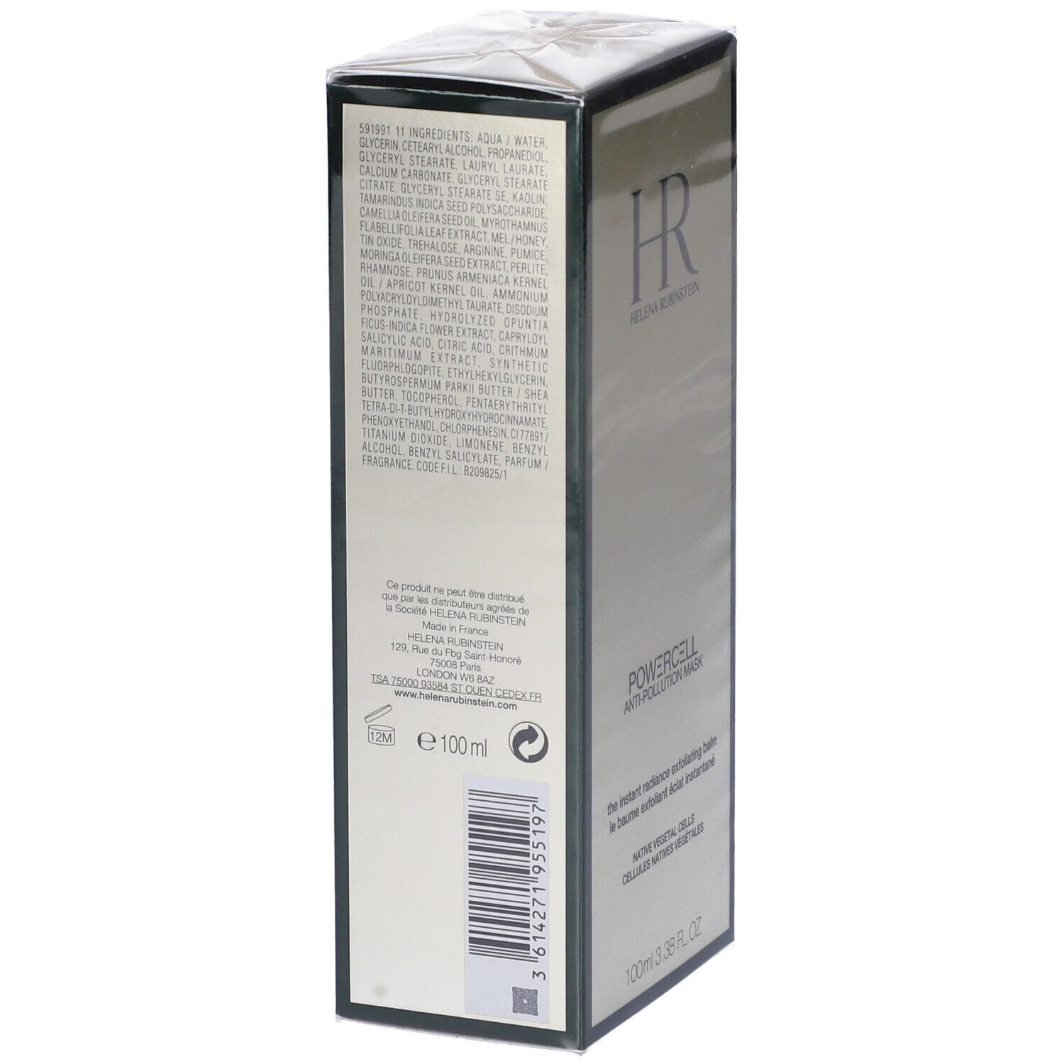 Achterkant van de verpakking van Helena Rubinstein Powercell Anti-Pollution Mask. Ingrediënten, barcode, tekst.