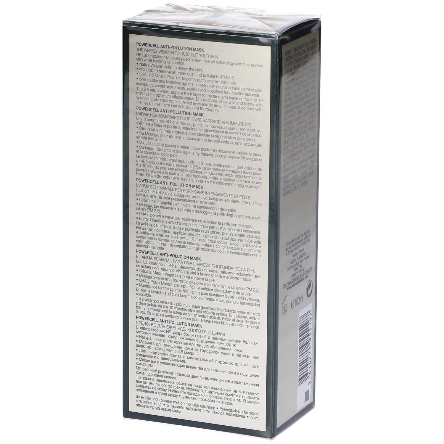 Zijkant van de verpakking van Helena Rubinstein Powercell Anti-Pollution Mask. Productbeschrijving in meerdere talen.