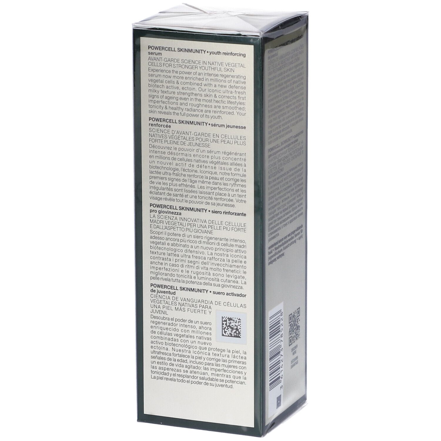 Emballage du sérum Helena Rubinstein. Texte multilingue, informations sur le produit.