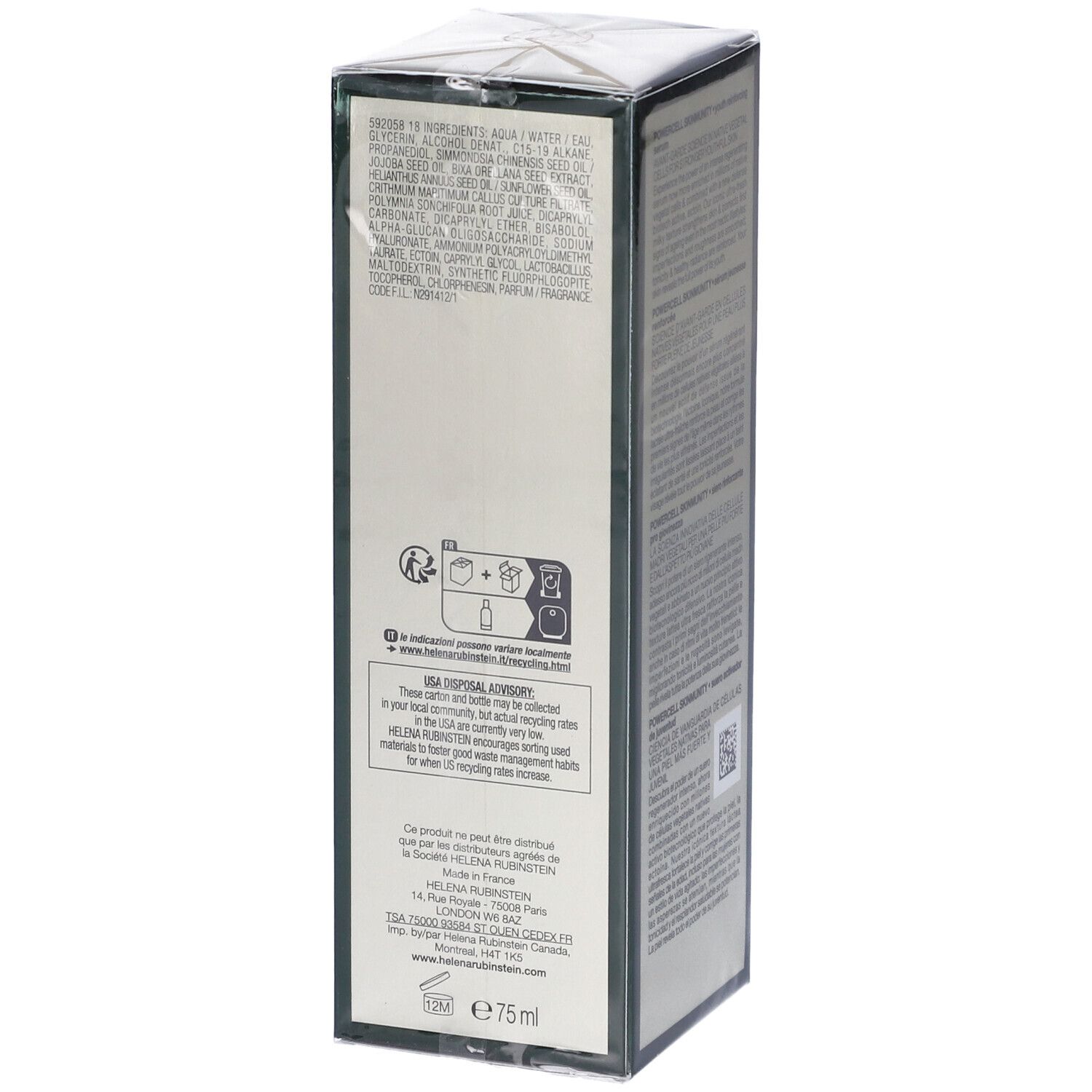 Emballage du sérum Helena Rubinstein. Consignes de recyclage et adresse du fabricant.