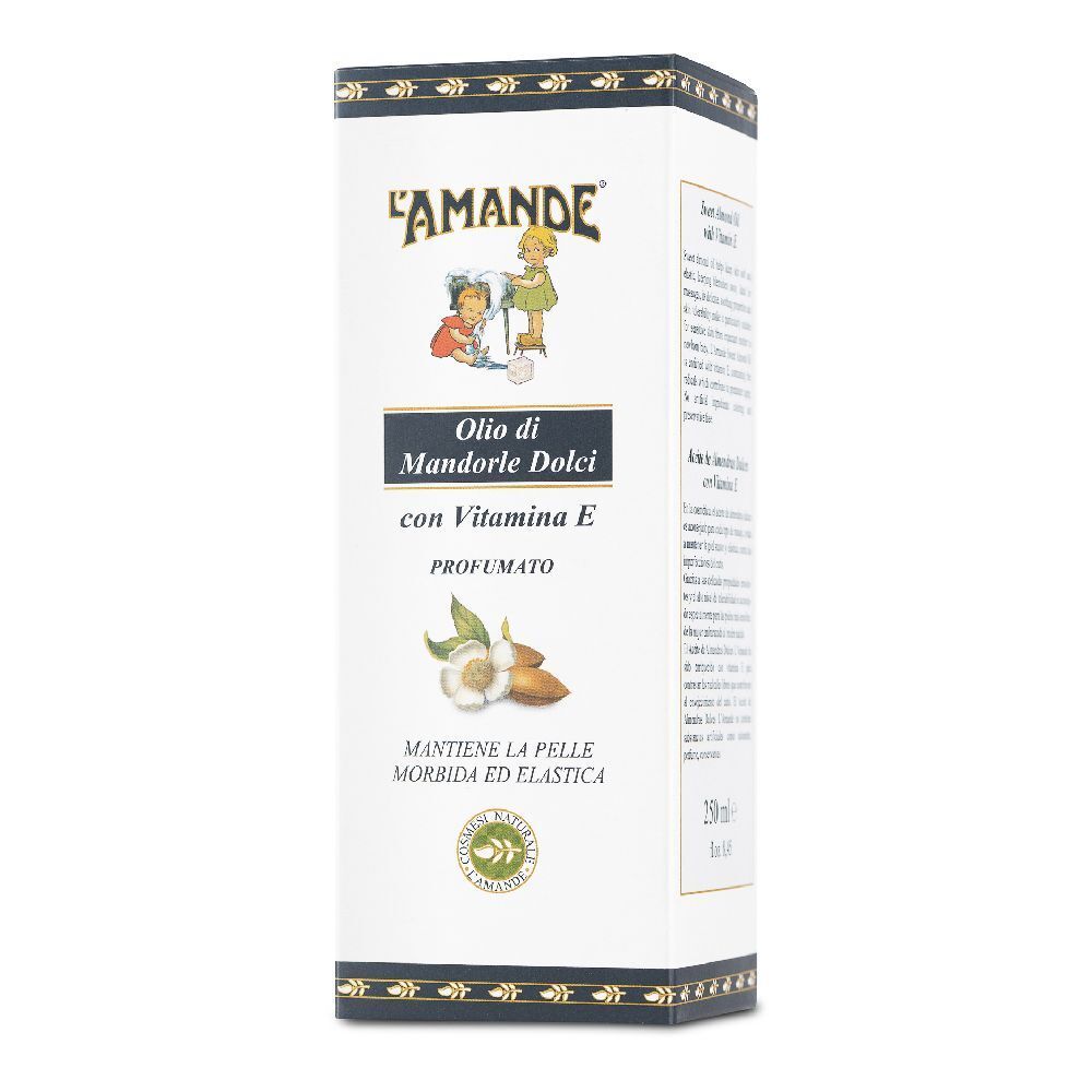 Boîte L'AMANDE® Olio di Mandorle Dolci. Blanc, décor bleu. Nom du produit et illustrations d'amandes.
