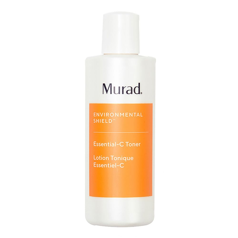 Flacon blanc avec bouchon blanc. Étiquette orange avec texte: Murad, Environmental Shield, Essential-C Toner.