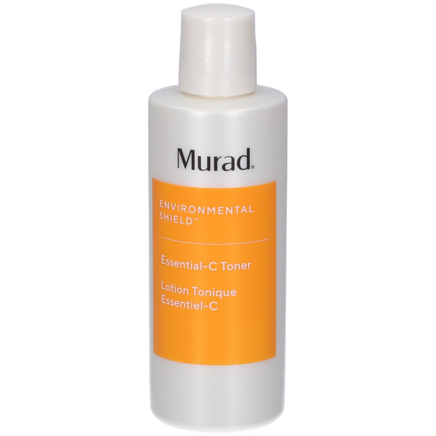 Flacon blanc avec bouchon blanc. Étiquette orange avec texte: Murad, Environmental Shield, Essential-C Toner.