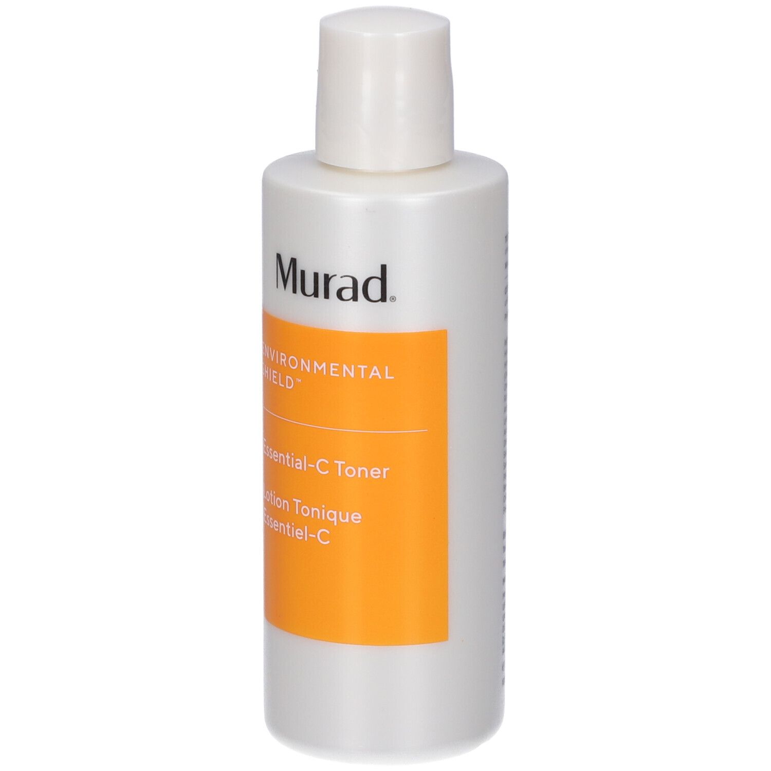 Flacon blanc avec bouchon blanc. Étiquette orange avec texte: Murad, Environmental Shield, Essential-C Toner.