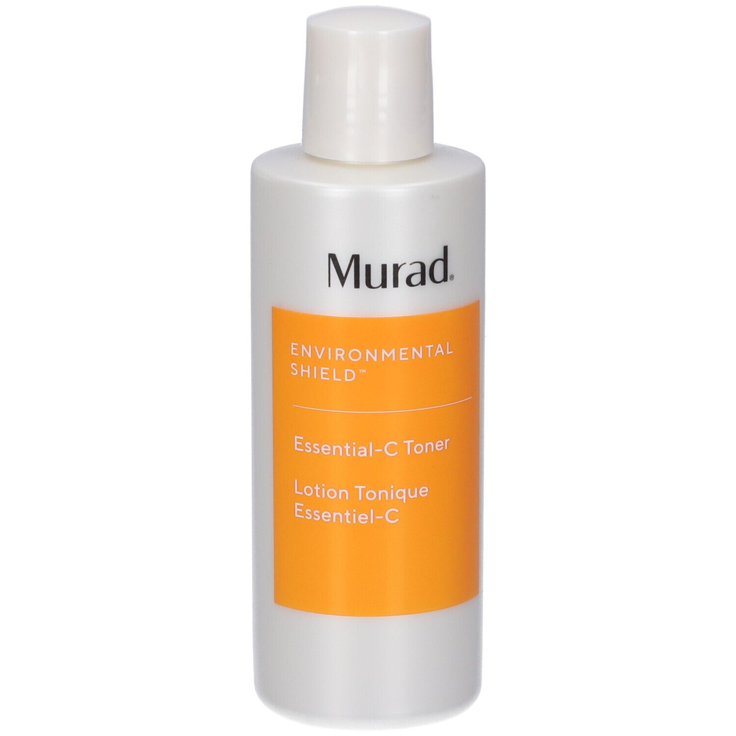 Flacon blanc avec bouchon blanc. Étiquette orange avec texte: Murad, Environmental Shield, Essential-C Toner.
