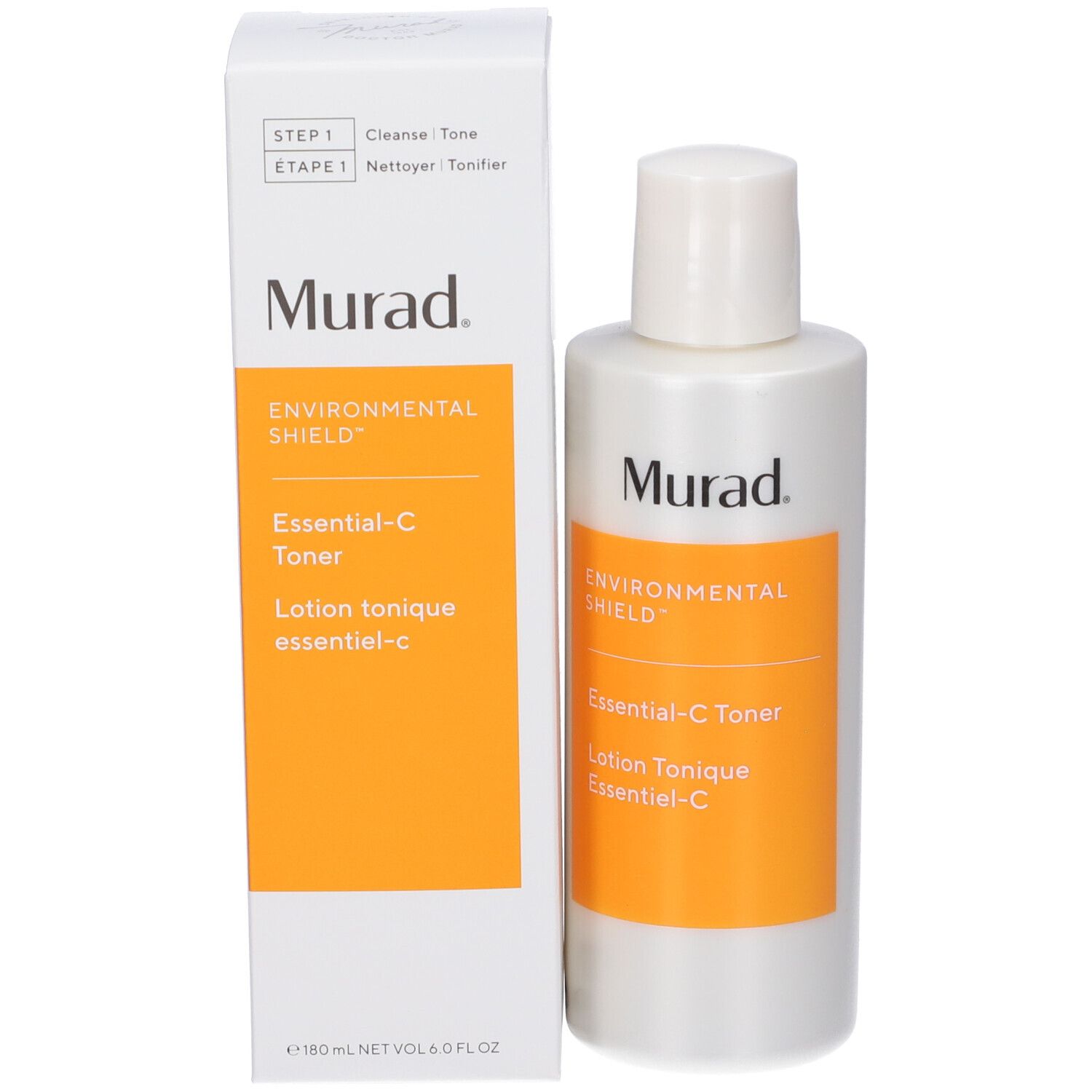 Flacon blanc et boîte. Sur la boîte: Murad, Environmental Shield, Essential-C Toner. 180 ml.