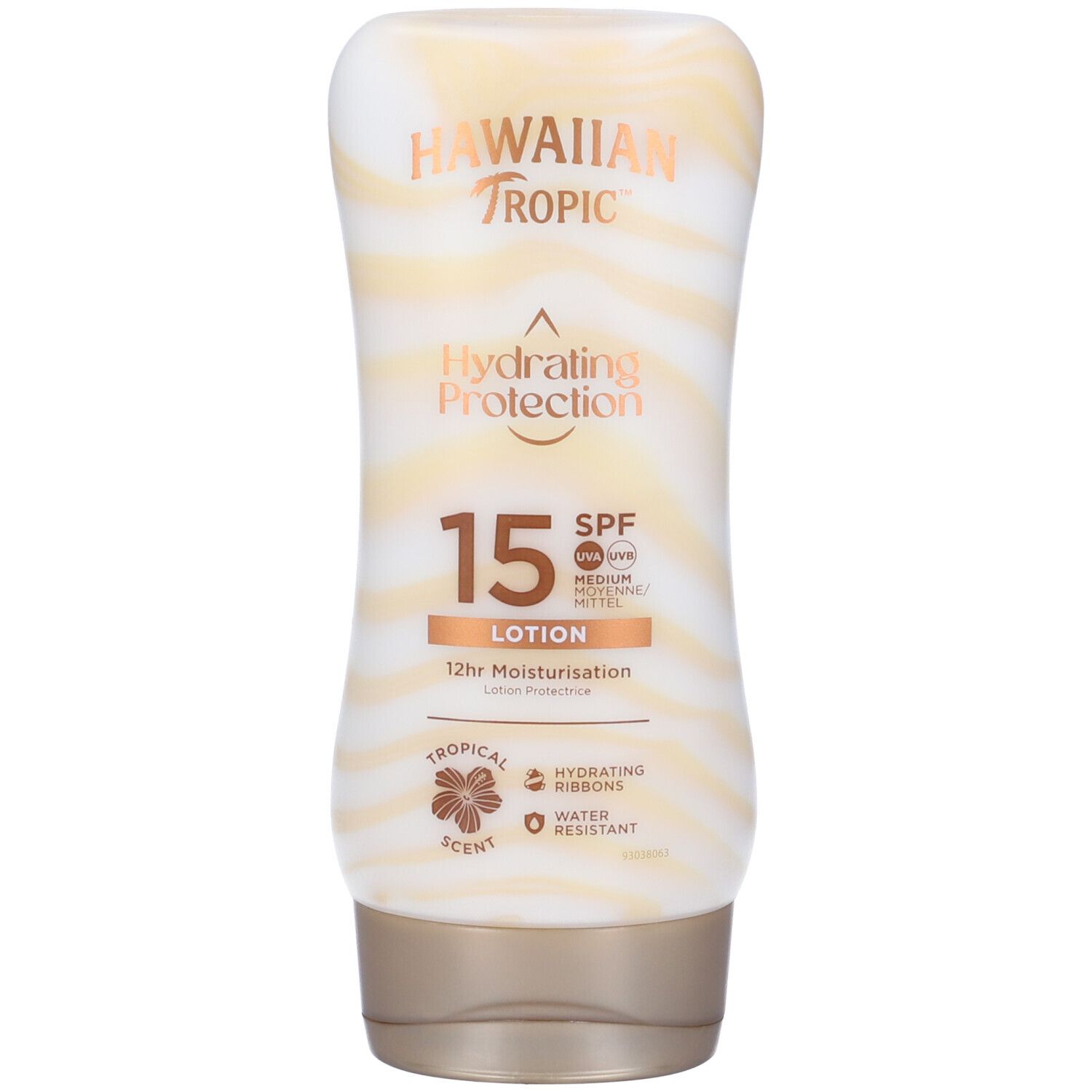 Flacon de lotion solaire à motifs ondulés. Texte: Hawaiian Tropic, Hydrating Protection, SPF 15, Lotion, 12h Hydratation, Tropical Scent.