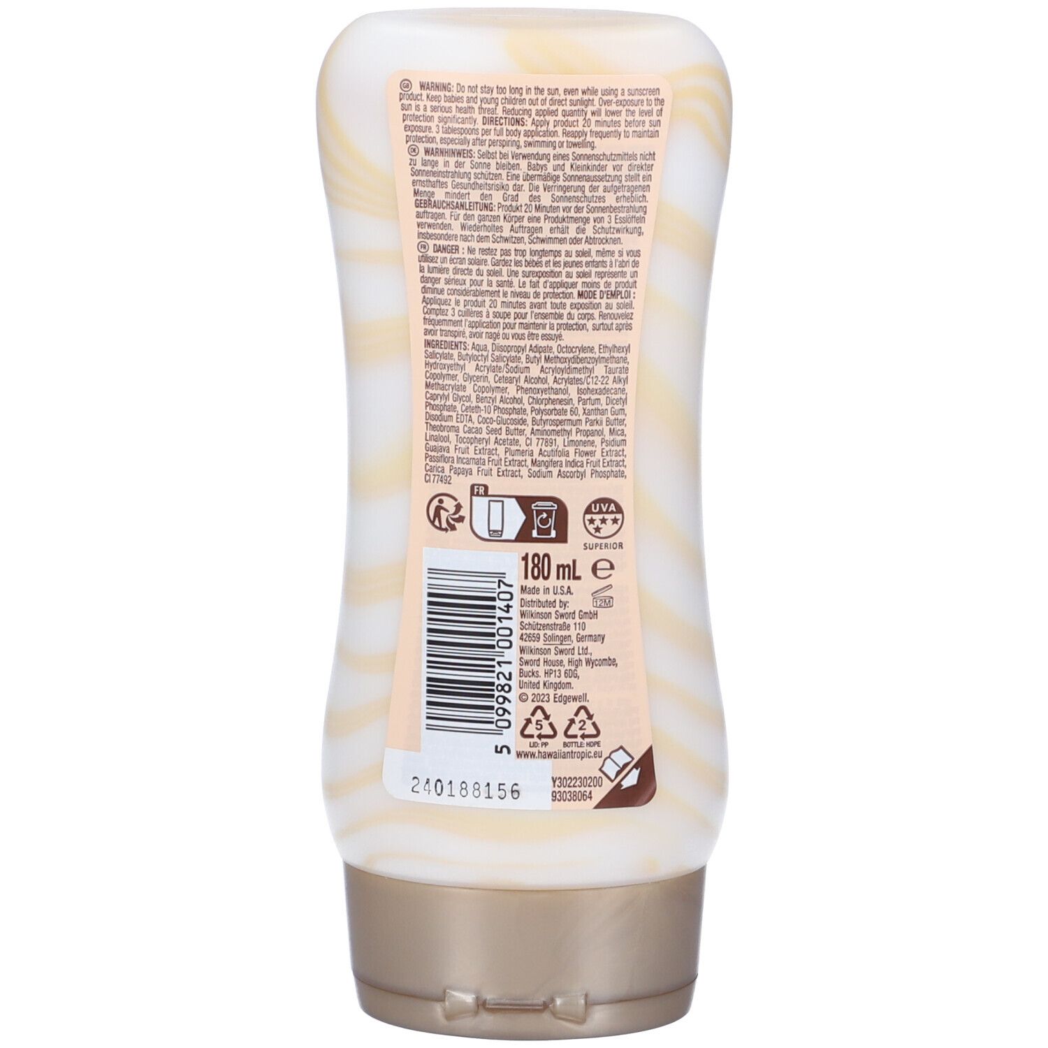 Dos du flacon de crème solaire. Texte et informations sur l'utilisation, ingrédients, fabricant, numéro de lot et volume 180 ml.