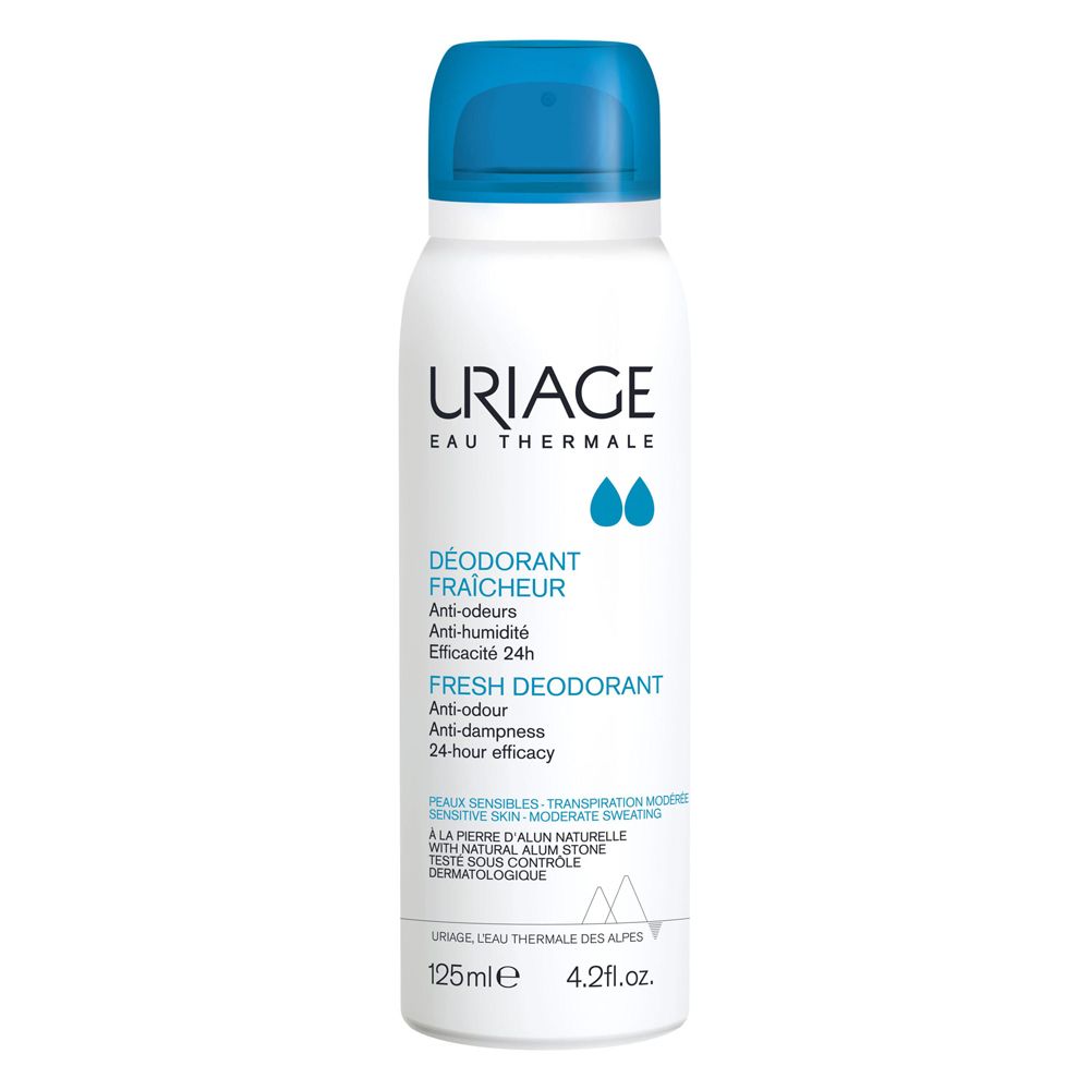Déodorant blanc avec bouchon bleu. Inscriptions : URIAGE, Eau Thermale, Déodorant Fraicheur. 125ml.