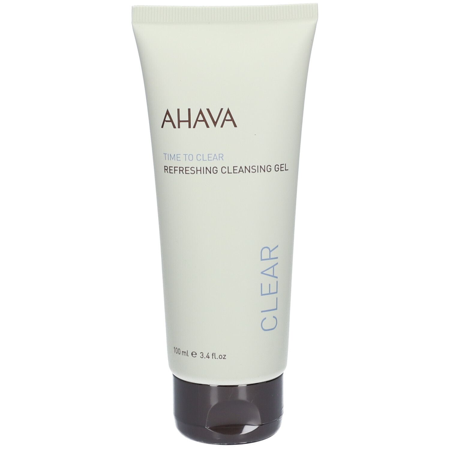 Gel nettoyant rafraîchissant AHAVA Time to Clear dans un tube beige clair avec bouchon foncé. 100ml.