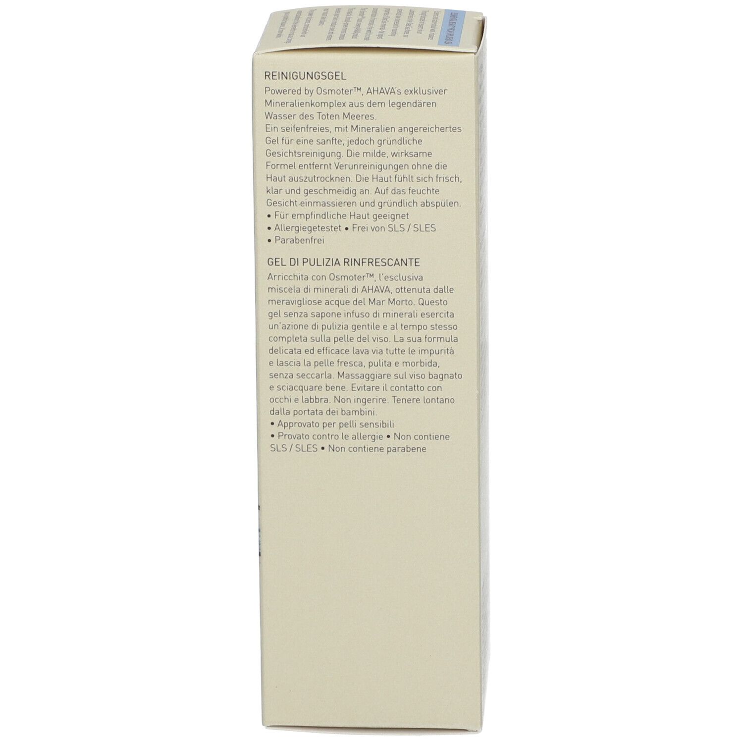 Emballage d'un gel nettoyant avec texte sur les ingrédients et les propriétés.