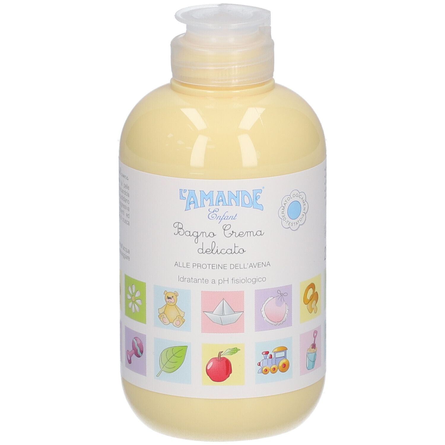 L'Amande Enfant Bagno Crema delicato: geel flesje met klapdeksel. Etiket met illustraties van speelgoed en natuurlijke elementen.