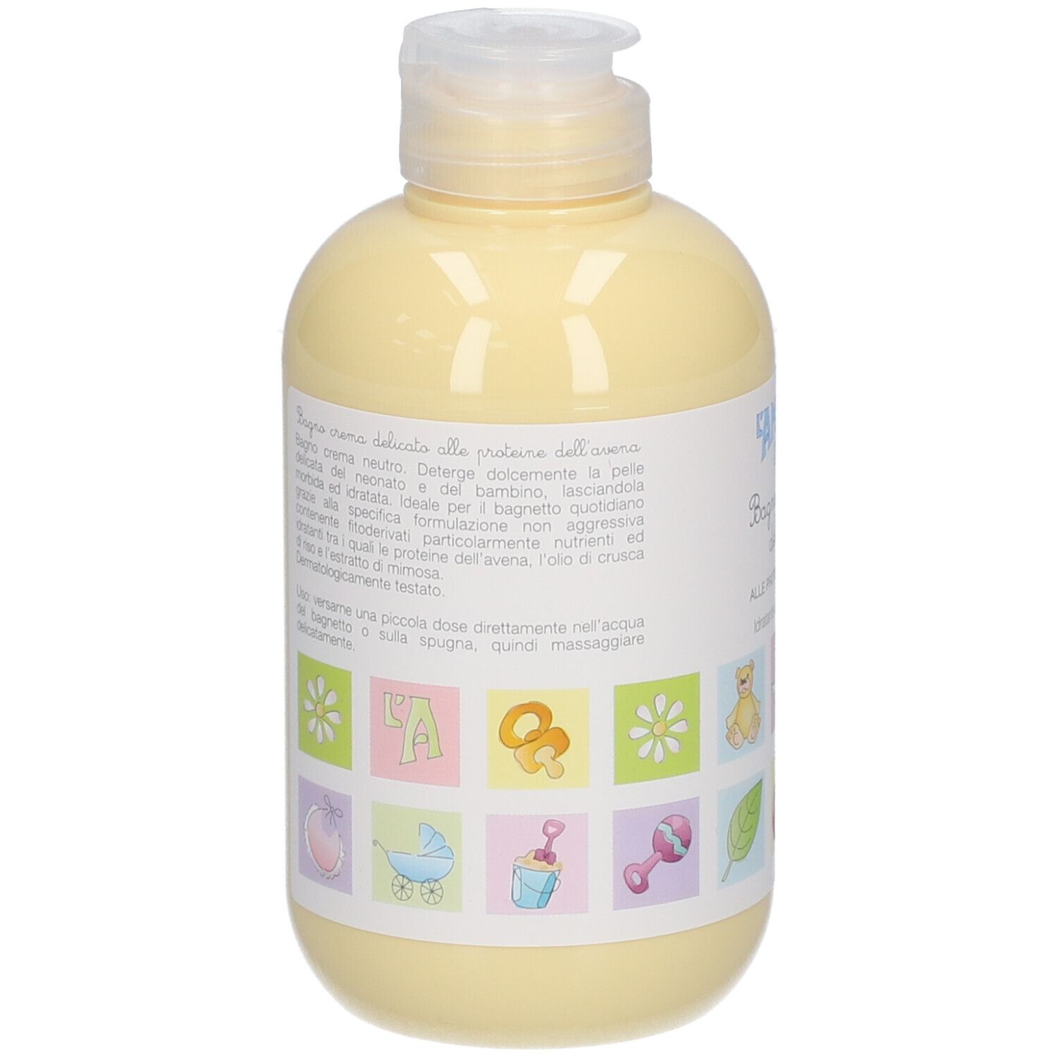 Lichtgele fles met klapdeksel, bevat babybad met haverproteïnen.