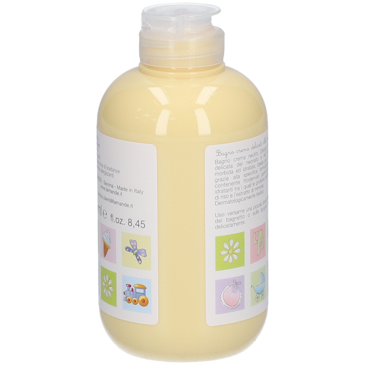 Lichtgele fles met klapdeksel, gevuld met babybadcrème. Bevat illustraties van ijs, vlinder, trein en bloemen.