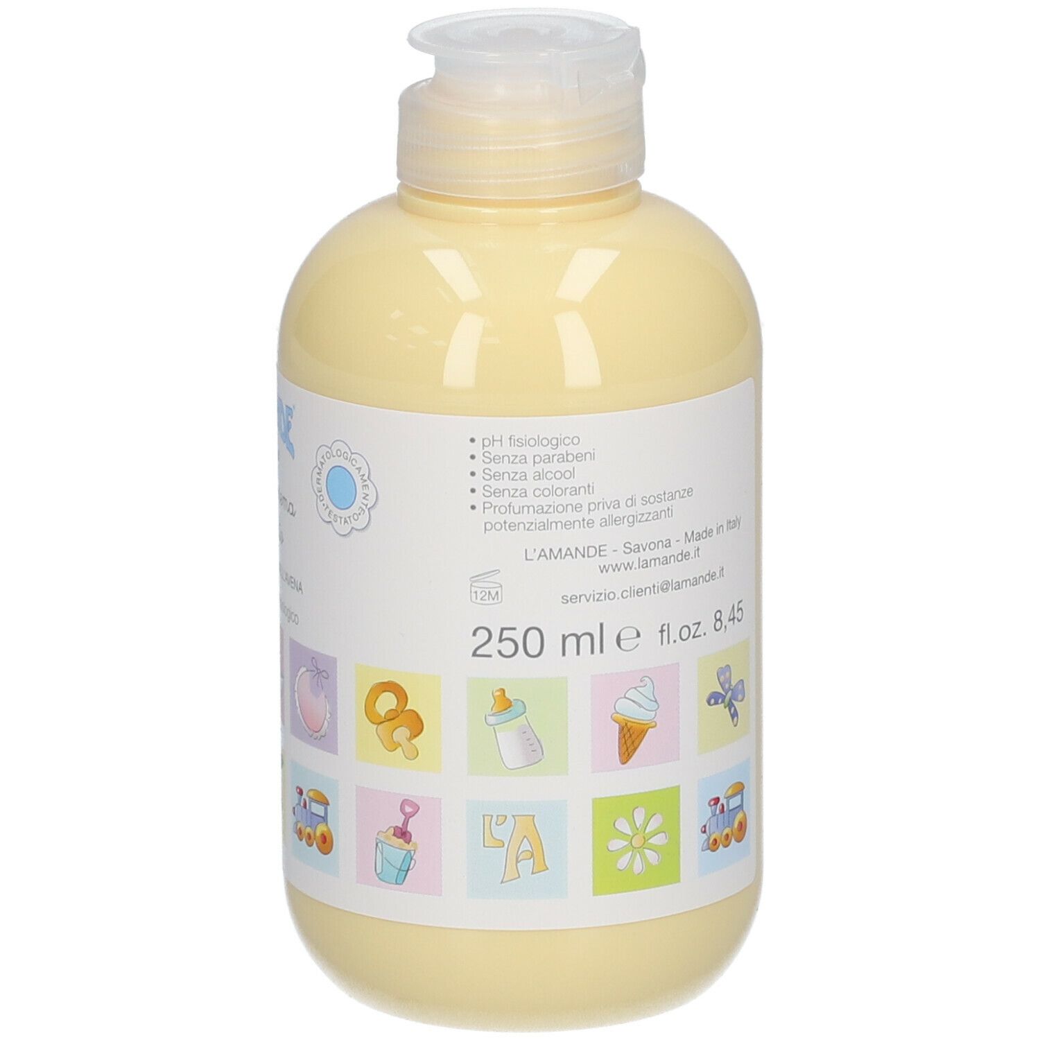 Lichtgele lotionfles met klepdeksel, 250 ml, met kinderlijke symbolen.