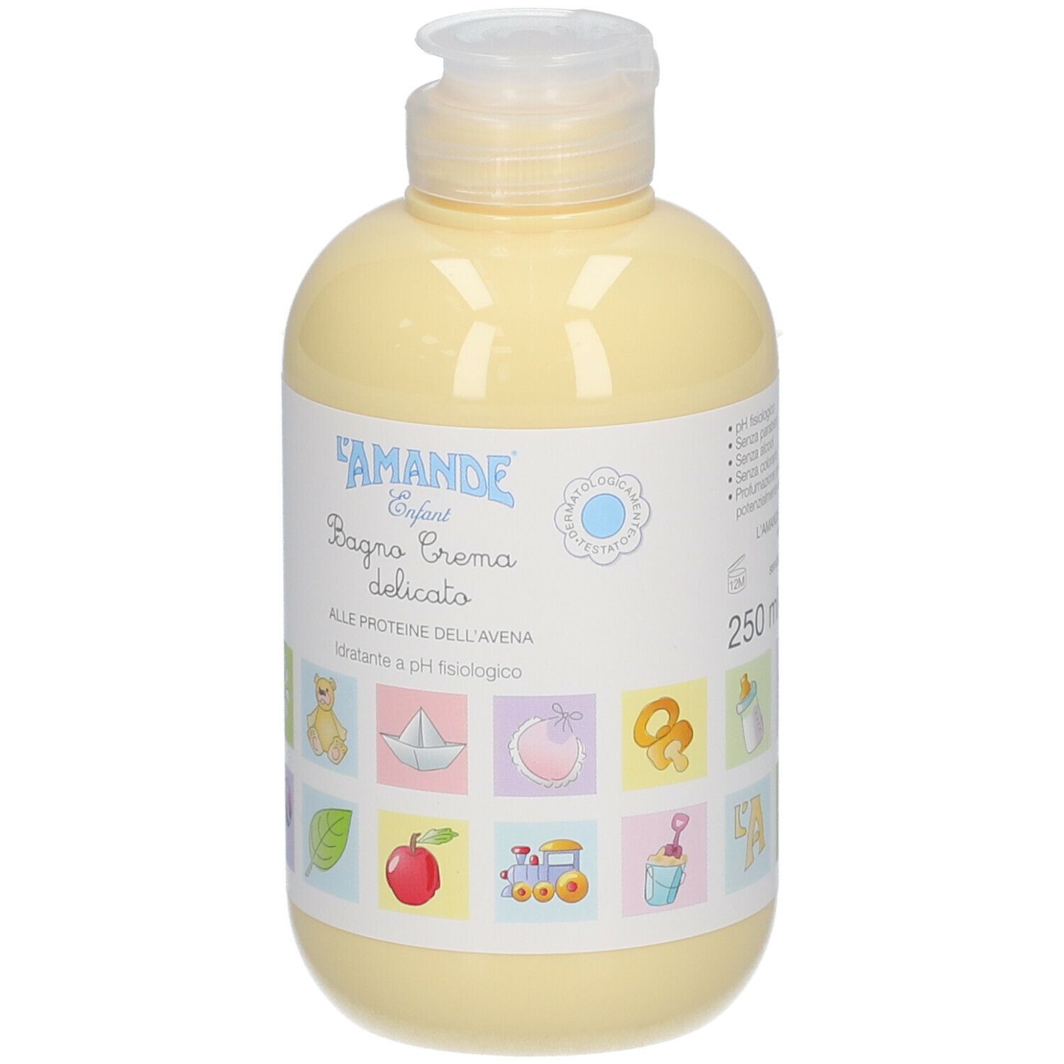 Gele fles met doseerdop, L'Amande Enfant Badcrème Delicato, 250ml.