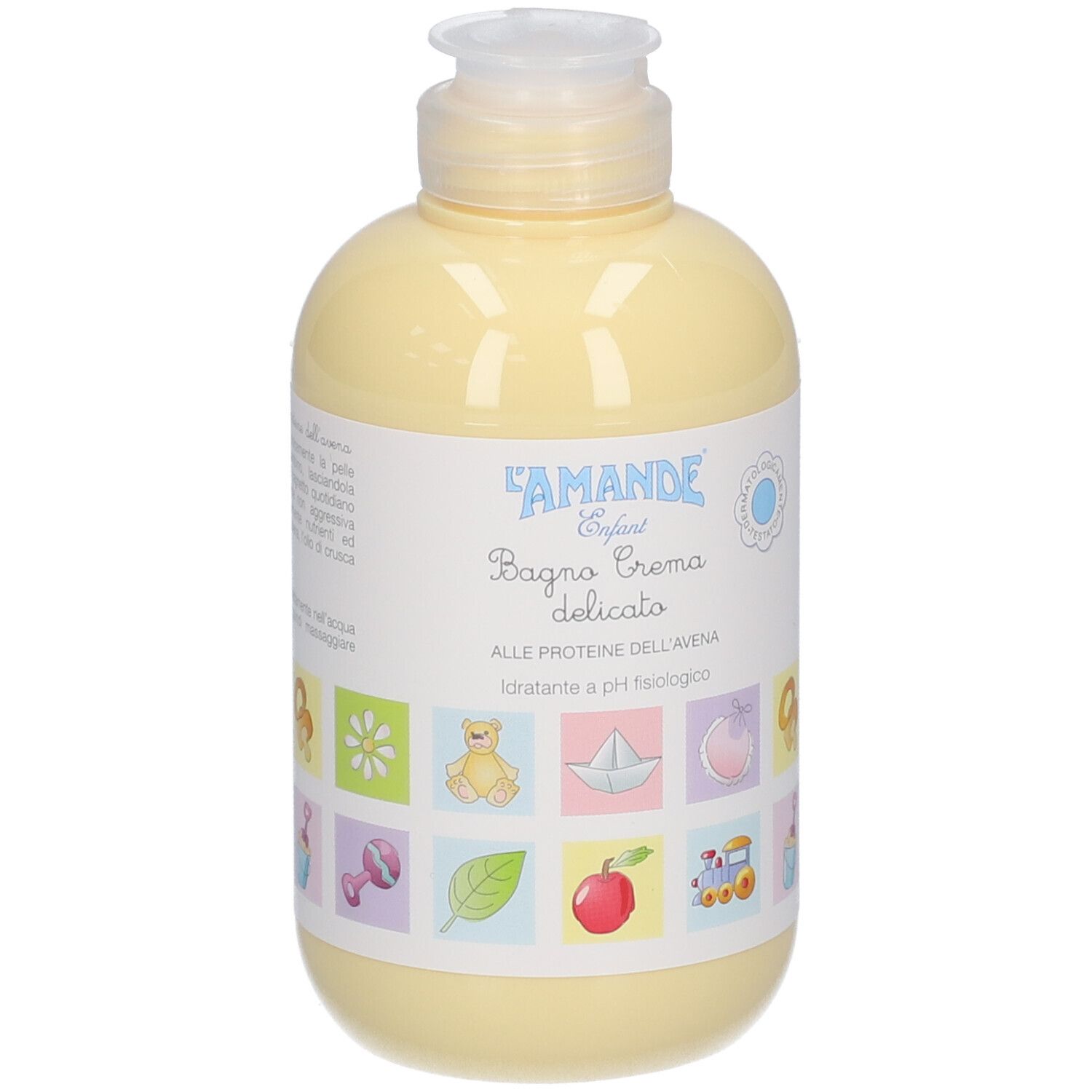 Gele fles met doseerpomp, L'Amande Enfant Bagno Crema delicato.