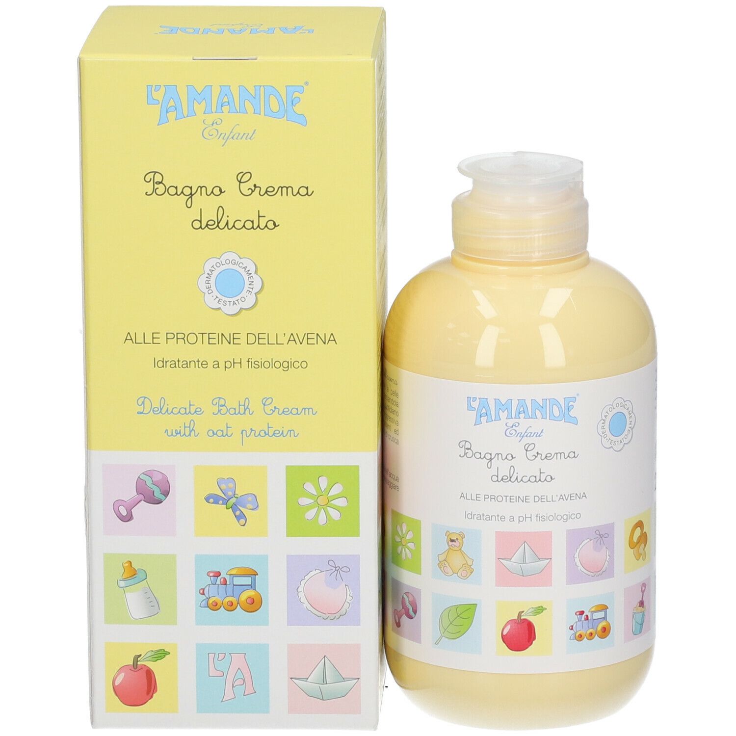 L'Amande Enfant Bagno Crema delicato met haverproteïne in gele fles en doos.