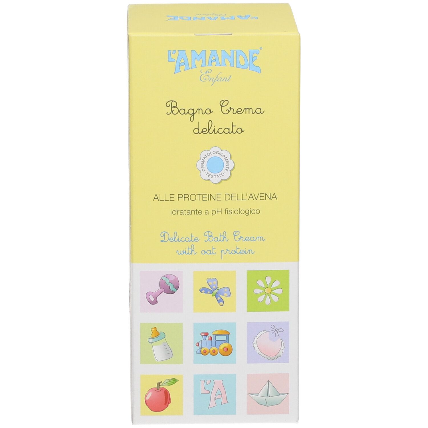 L'Amande Enfant Bagno Crema Delicato: zachte badcrème met haverproteïne op gele verpakking met baby-motieven.