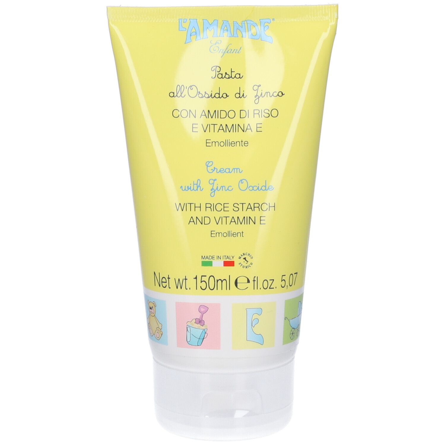 Tube jaune avec texte: Pasta all'Ossido di Zinco, Cream with Zinc Oxide. Illustrations d'objets pour bébés.