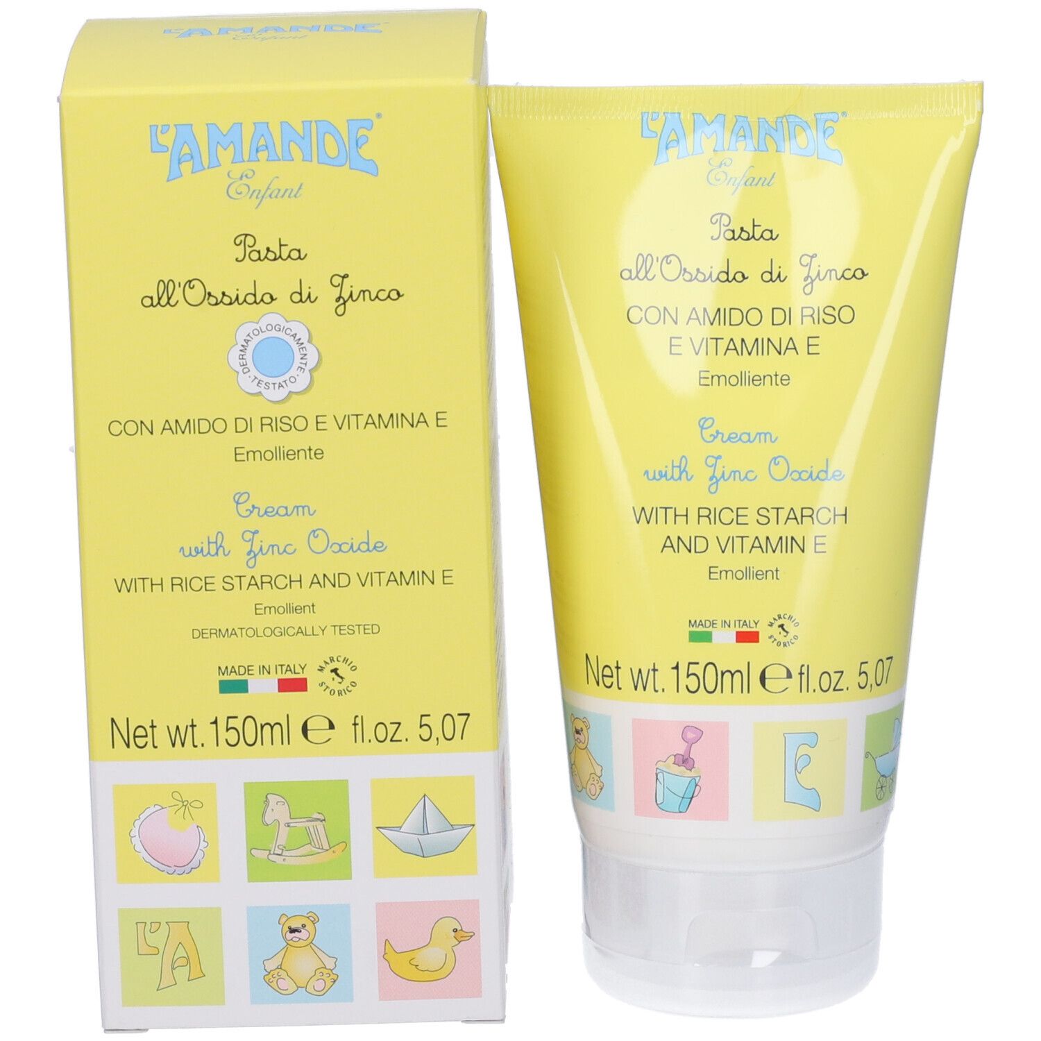 Emballage du produit: tube et boîte. Texte: Pasta all'Ossido di Zinco, Cream with Zinc Oxide. Illustrations.