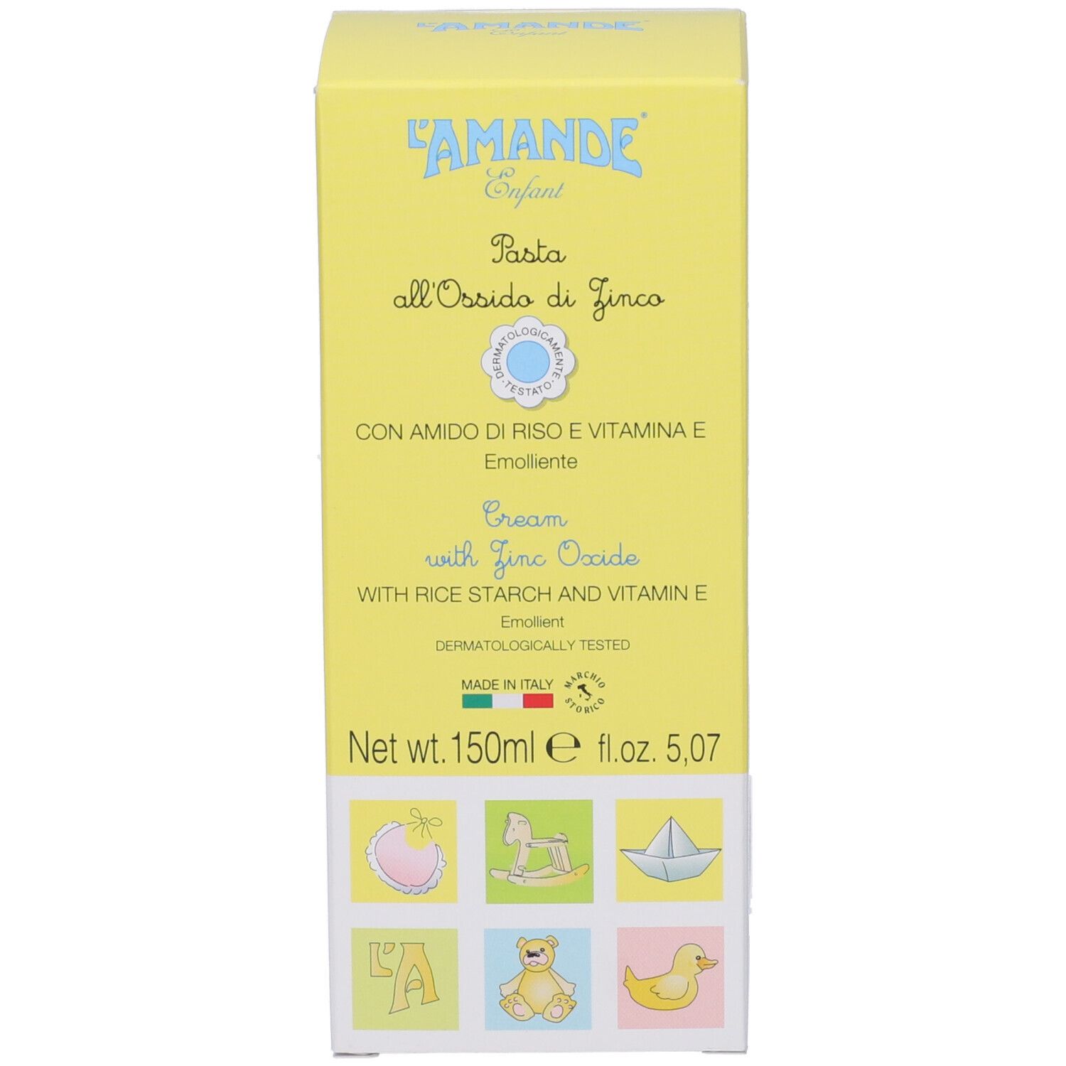 Boîte jaune. Texte: Pasta all'Ossido di Zinco, Cream with Zinc Oxide. Illustrations et logo.