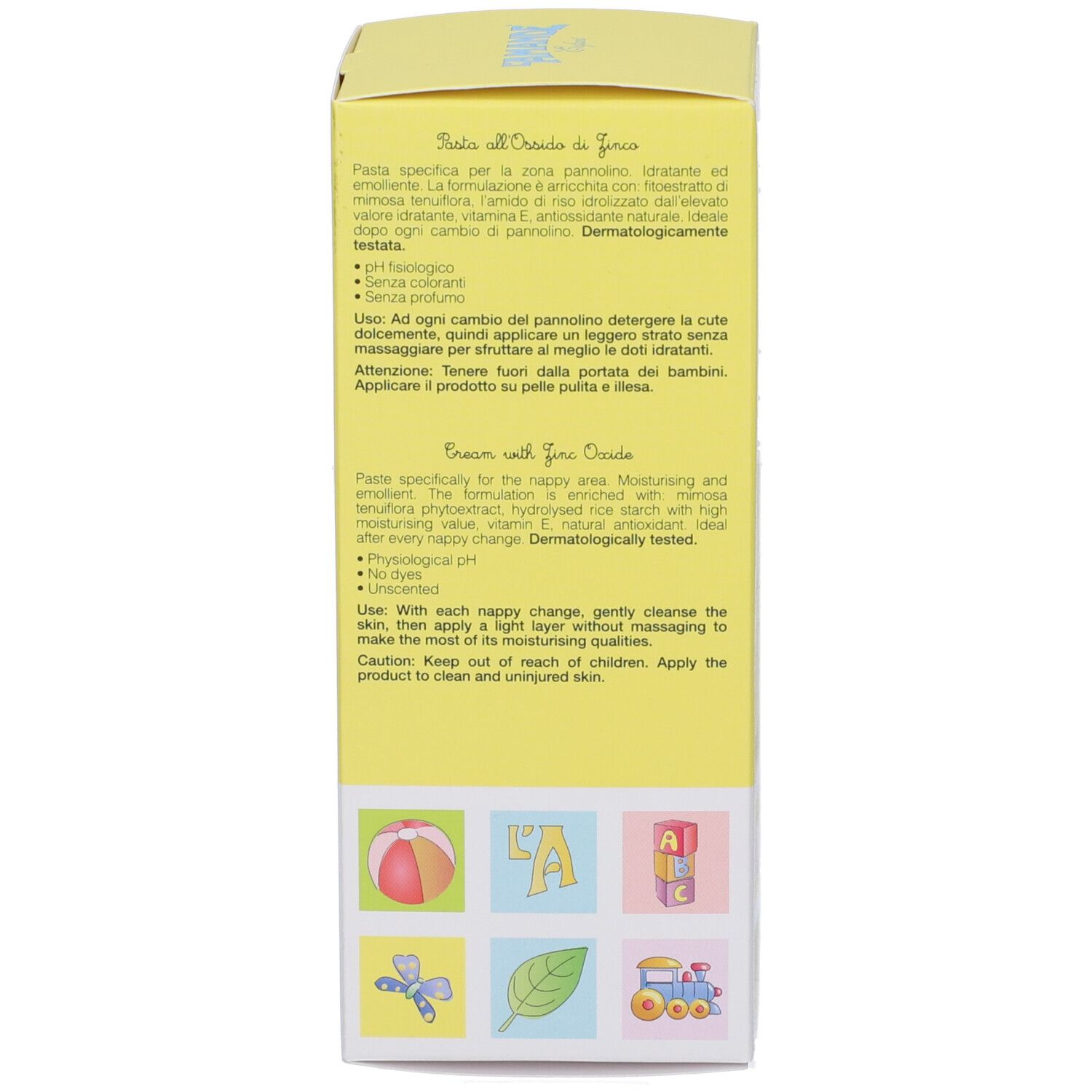 Dos de la boîte. Texte: Pasta all'Ossido di Zinco, Cream with Zinc Oxide. Ingrédients et mode d'emploi.