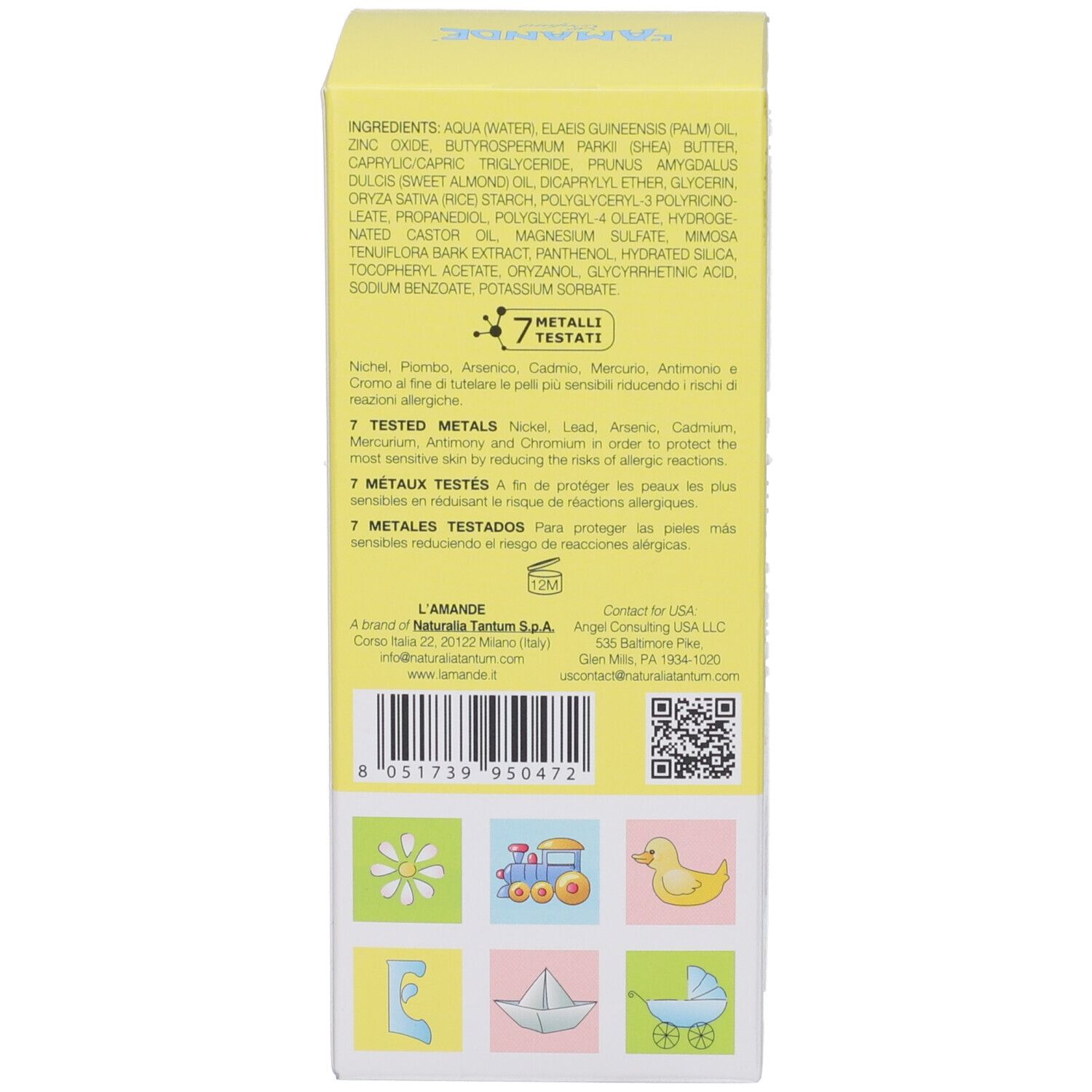 Dos de la boîte. Texte: Ingrédients, 7 métaux testés, coordonnées et code QR.