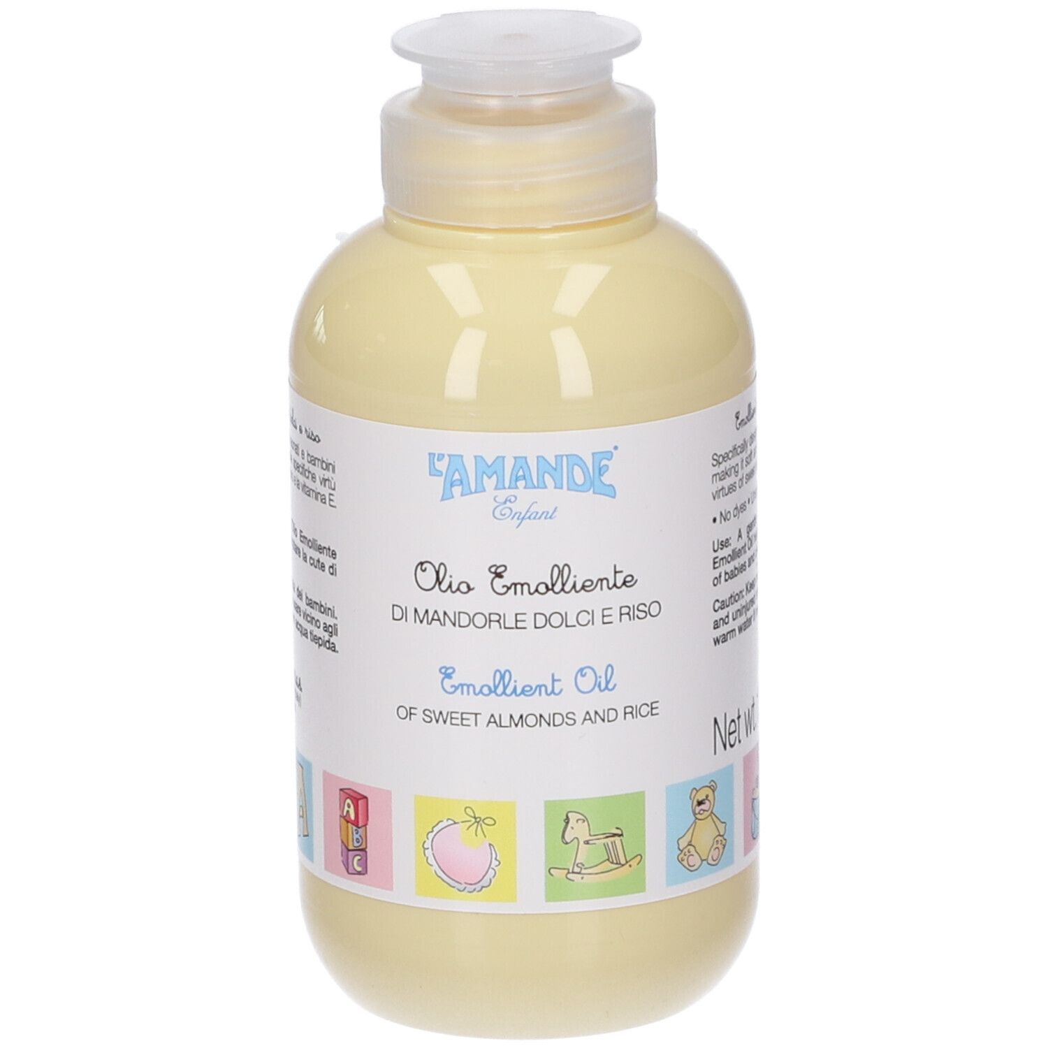 Flacon jaune avec étiquette blanche. Texte: L'AMANDE Enfant, Olio Emolliente, Di Mandorle Dolci e Riso, Emollient Oil.