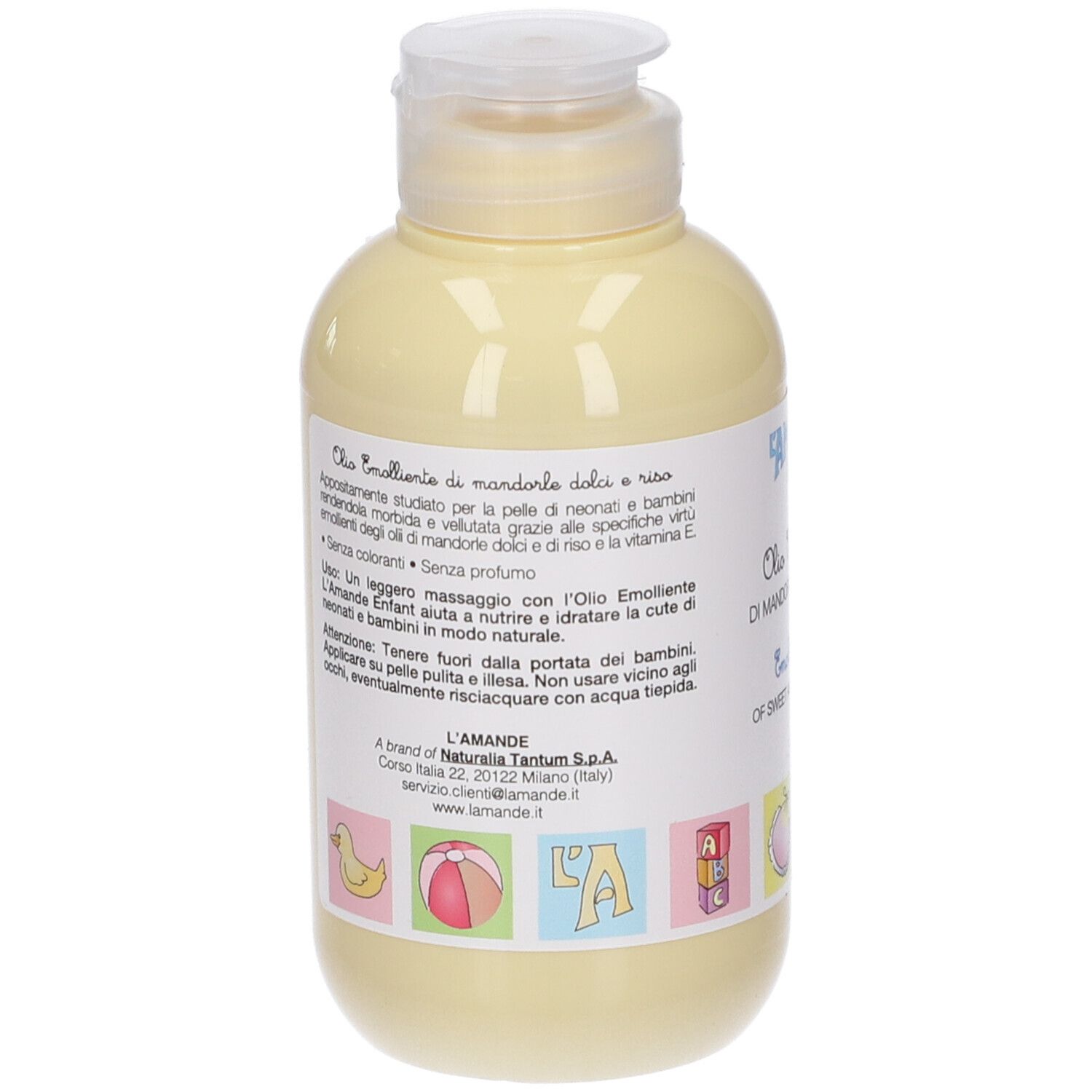 Dos du flacon jaune. Texte: L'AMANDE, Olio Emolliente, Di Mandorle Dolci e Riso. Avec illustrations.
