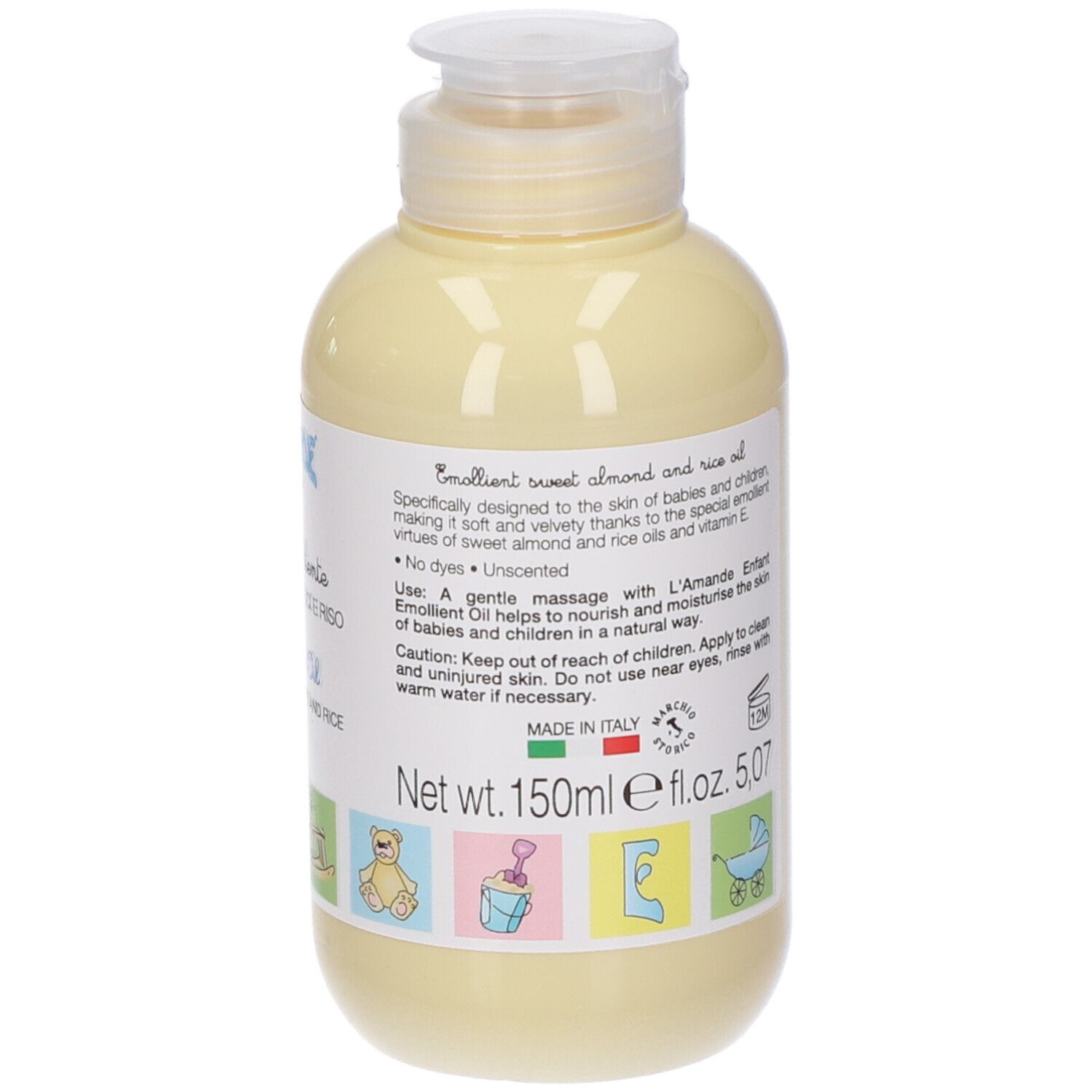 Flacon jaune avec étiquette blanche. Texte: L'AMANDE Enfant, Olio Emolliente, Di Mandorle Dolci e Riso, 150ml, e 5.07 fl.oz.