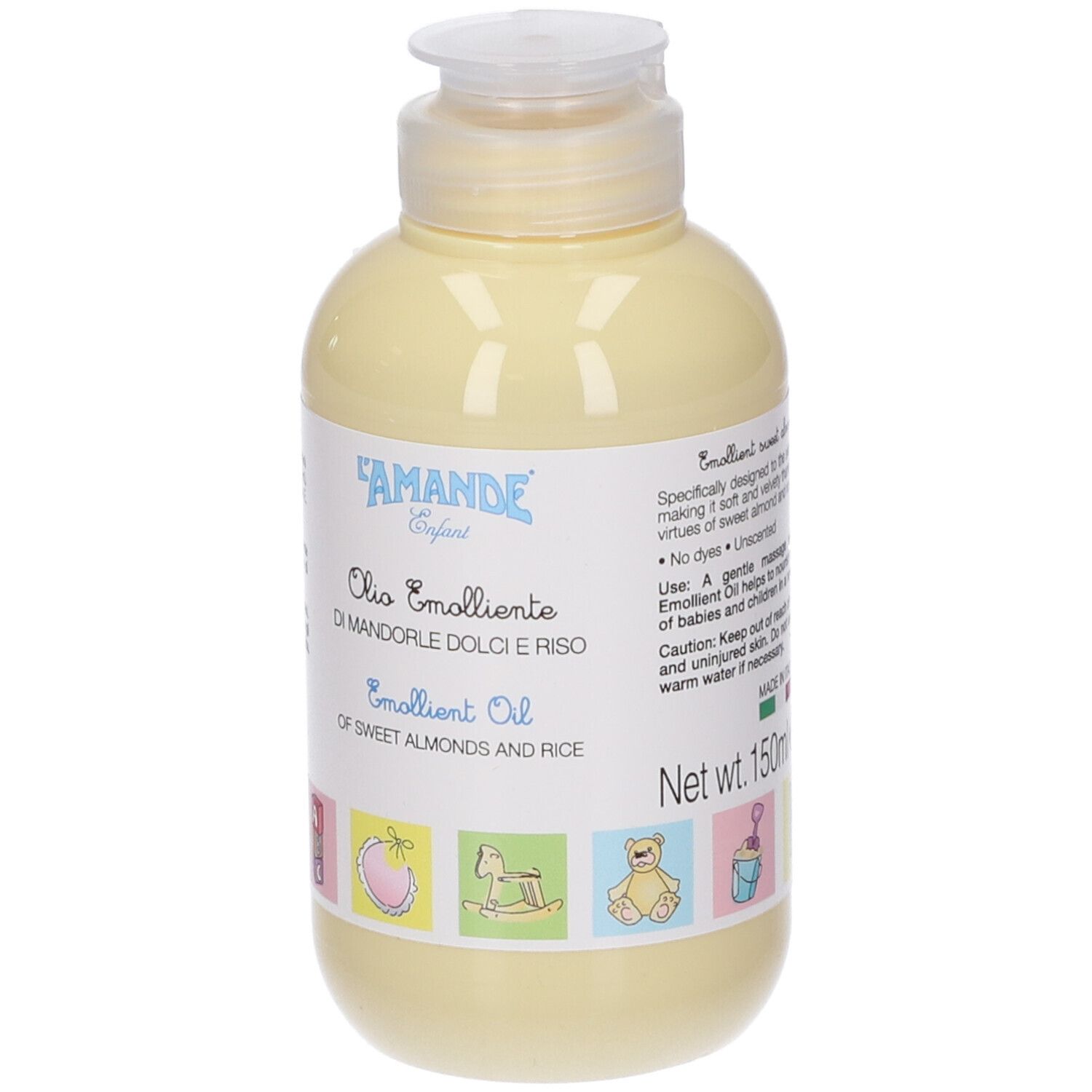 Flacon jaune avec étiquette blanche. Texte: L'AMANDE Enfant, Olio Emolliente, Di Mandorle Dolci e Riso, Emollient Oil.