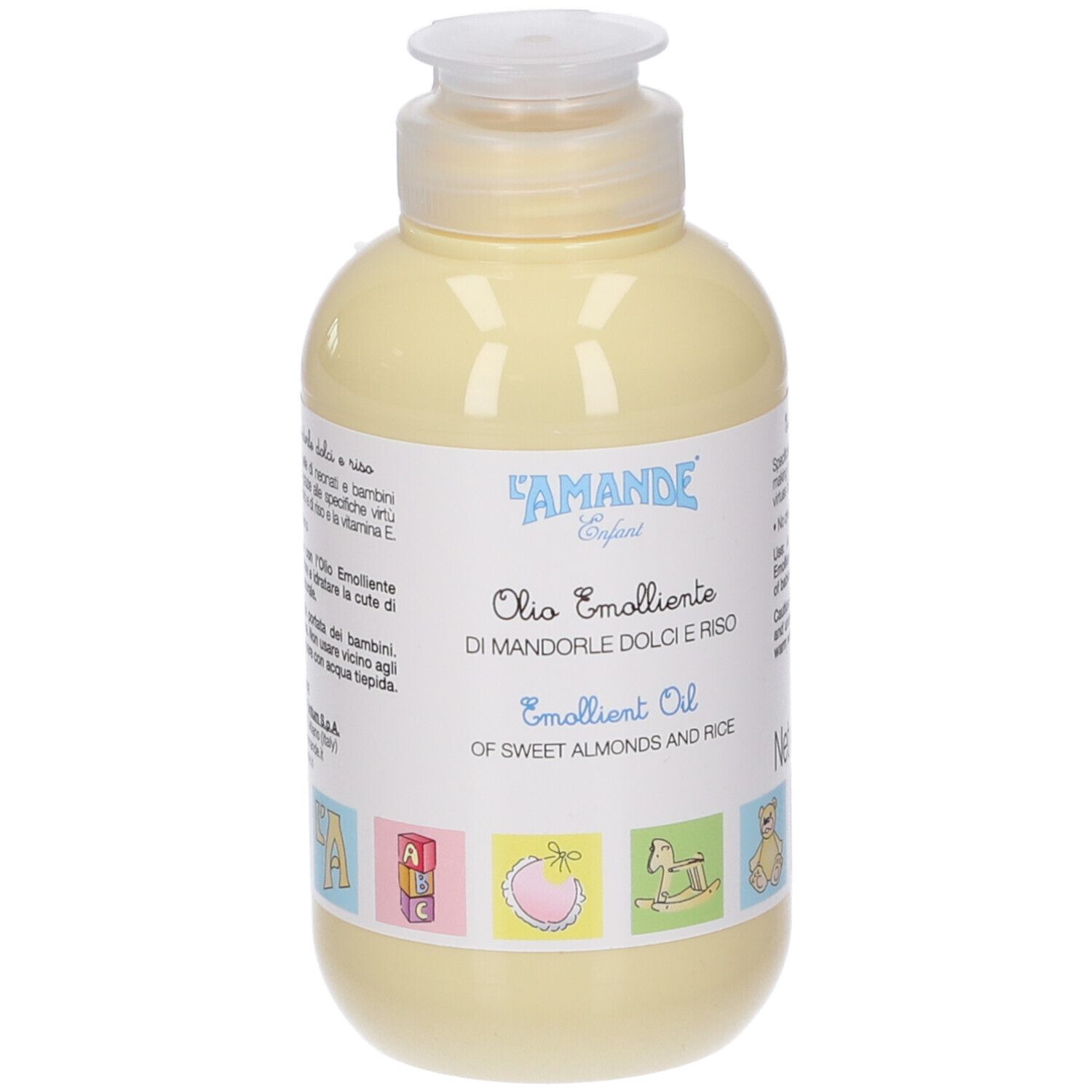 Flacon jaune avec étiquette blanche. Texte: L'AMANDE Enfant, Olio Emolliente, Di Mandorle Dolci e Riso, Emollient Oil.