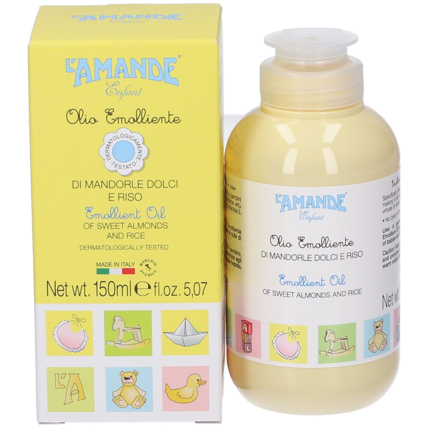 Produit et emballage. Flacon et boîte jaunes. Texte: L'AMANDE Enfant, Olio Emolliente, Di Mandorle Dolci e Riso.