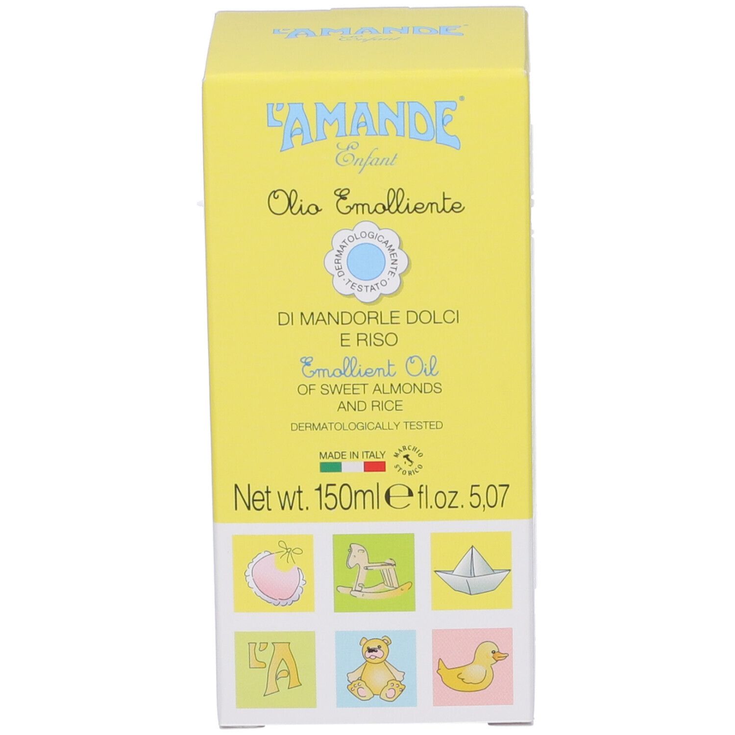 Emballage produit jaune. Texte: L'AMANDE Enfant, Olio Emolliente, Di Mandorle Dolci e Riso, 150ml, e 5.07 fl.oz.