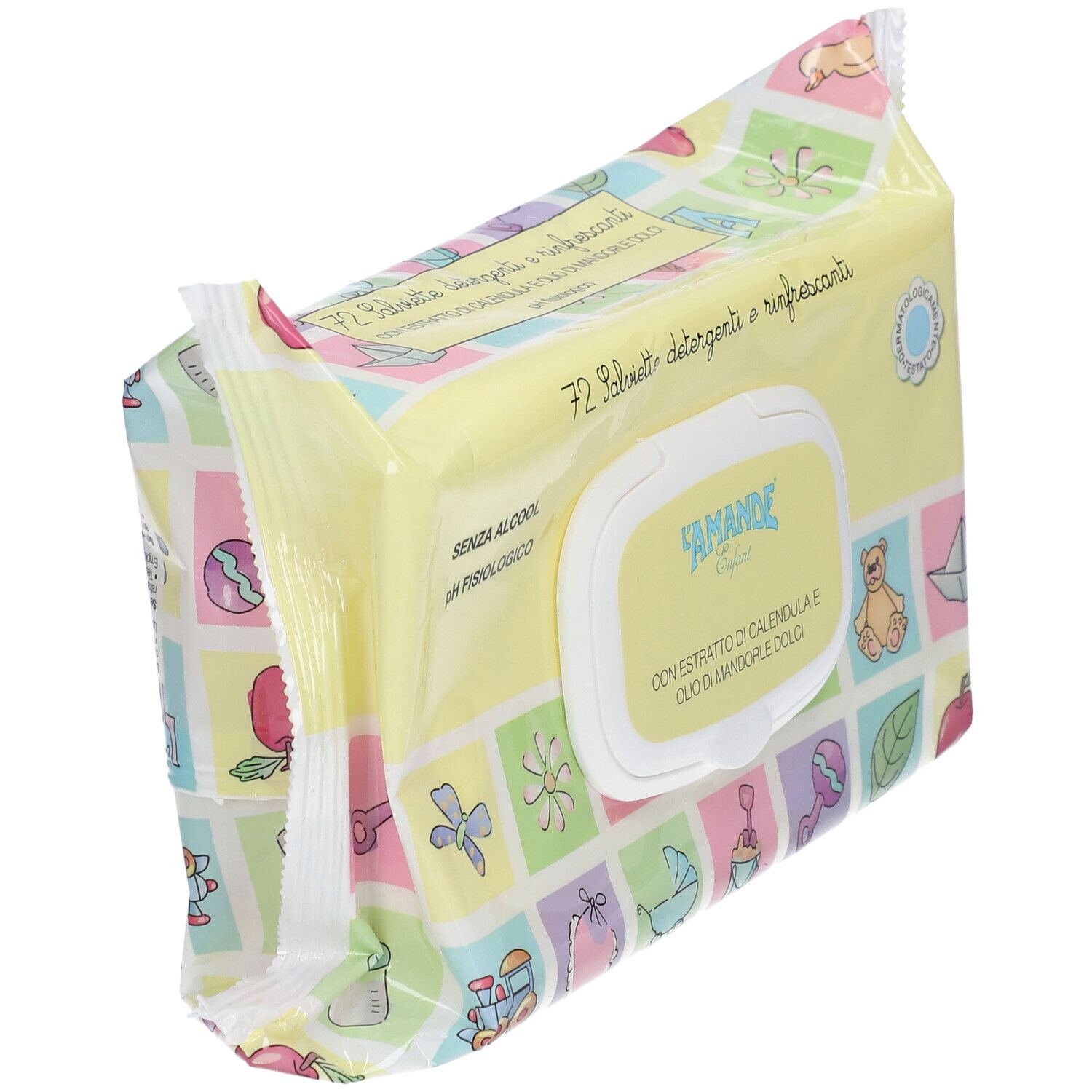 Paquet de 72 lingettes humides sans alcool pour bébé, avec extrait de calendula et huile d'amande dorée.