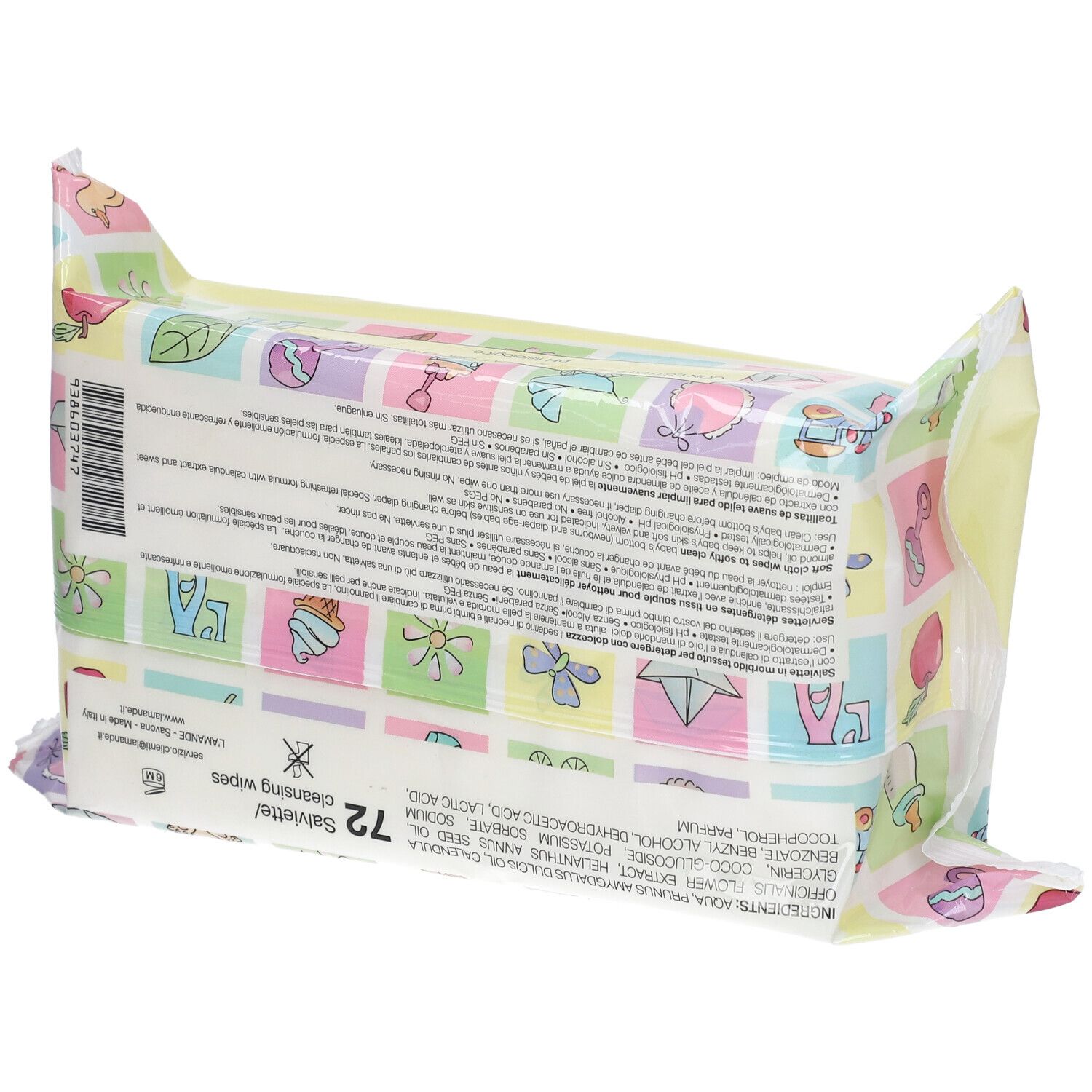 Emballage de 72 lingettes nettoyantes, motif coloré avec des illustrations pour bébé.