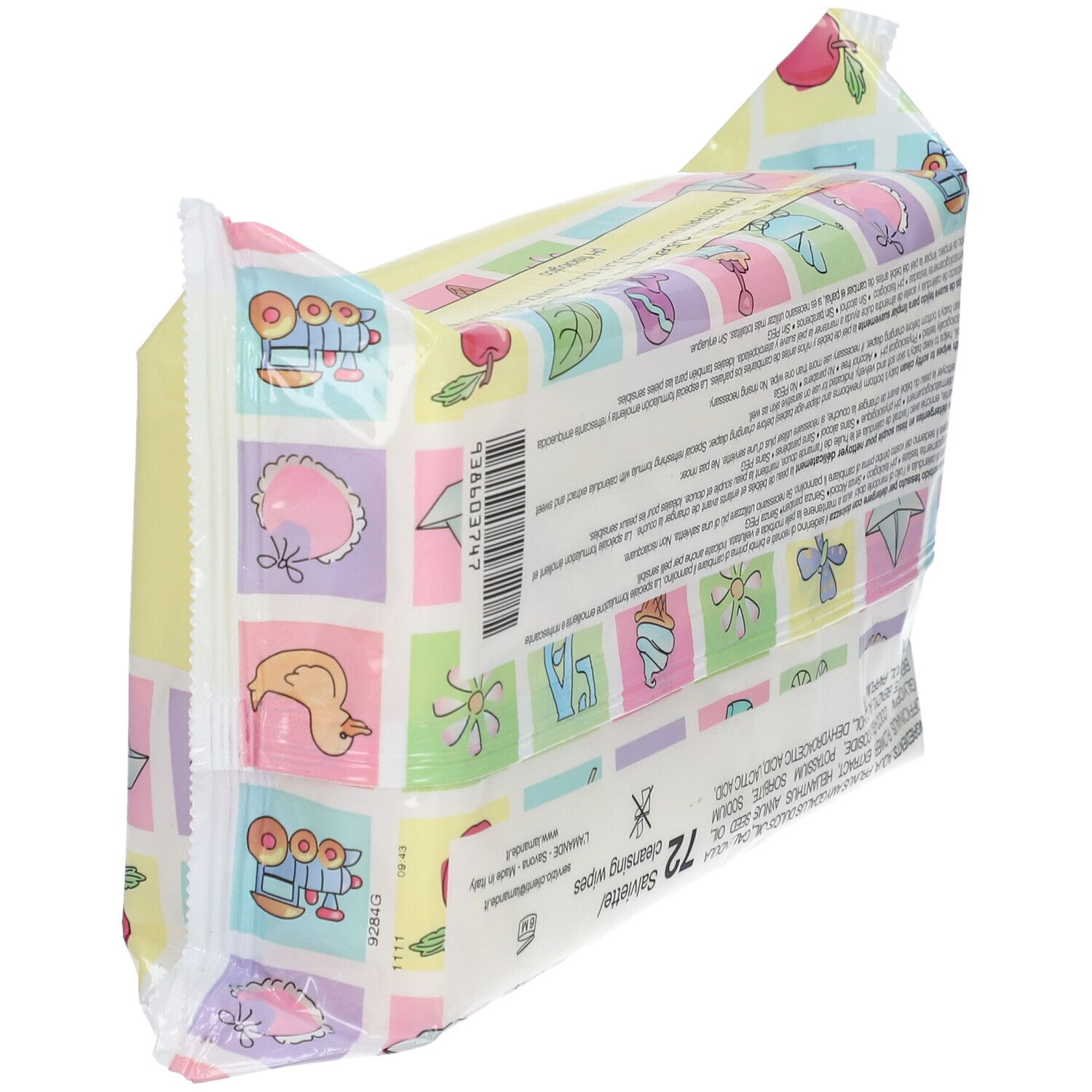 Emballage de 72 lingettes, imprimé coloré avec des motifs pour bébé.