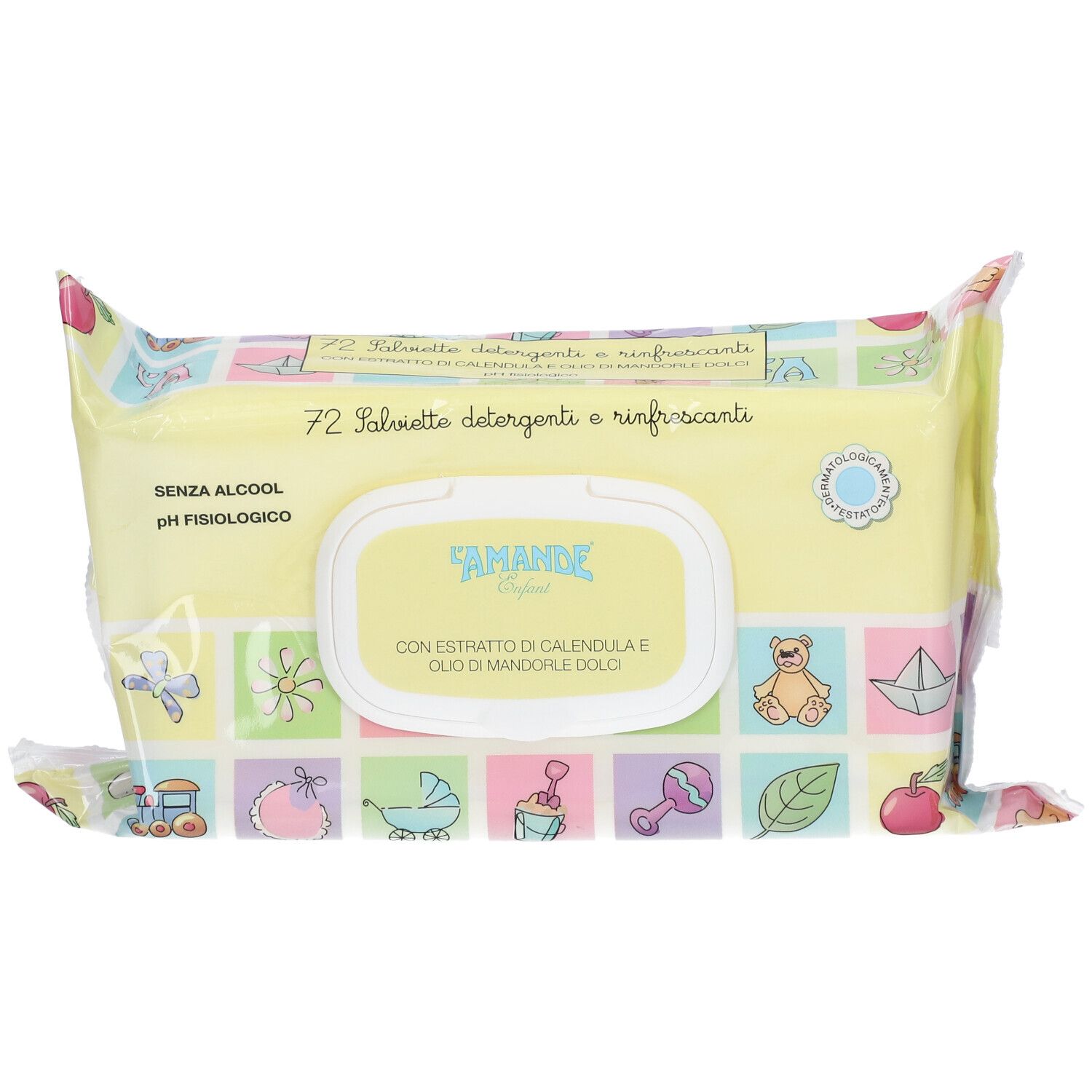 Pack de 72 lingettes, marque "Amande Original", sans alcool, pH physiologique.