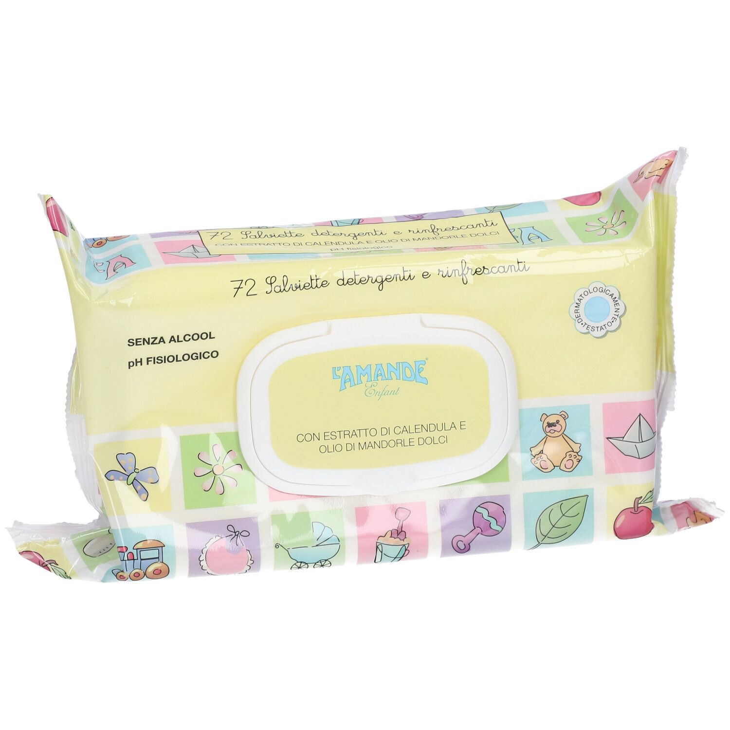 Paquet de 72 lingettes nettoyantes et rafraîchissantes sans alcool, pH physiologique, extrait de camomille et huile d'amande douce.