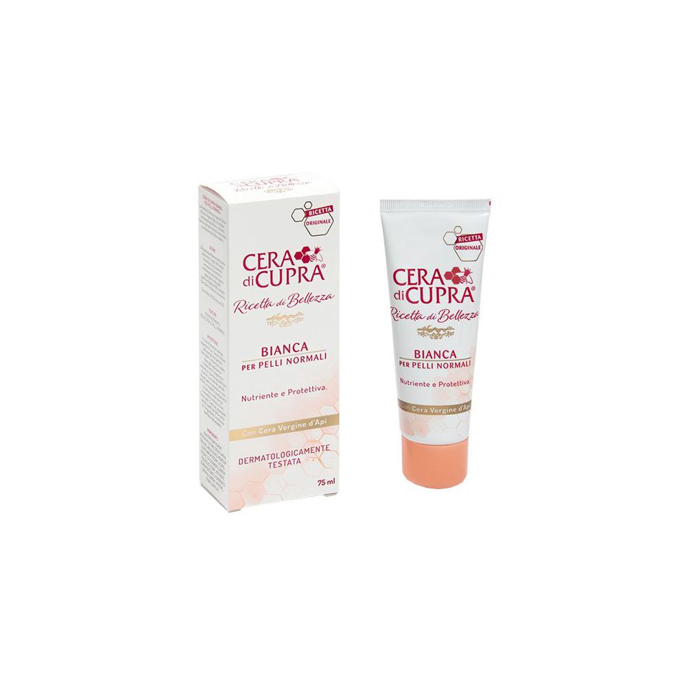 Crèmetube en doos. Opschrift: Cera di Cupra, Bianca, voor normale huid. Dermatologisch getest.