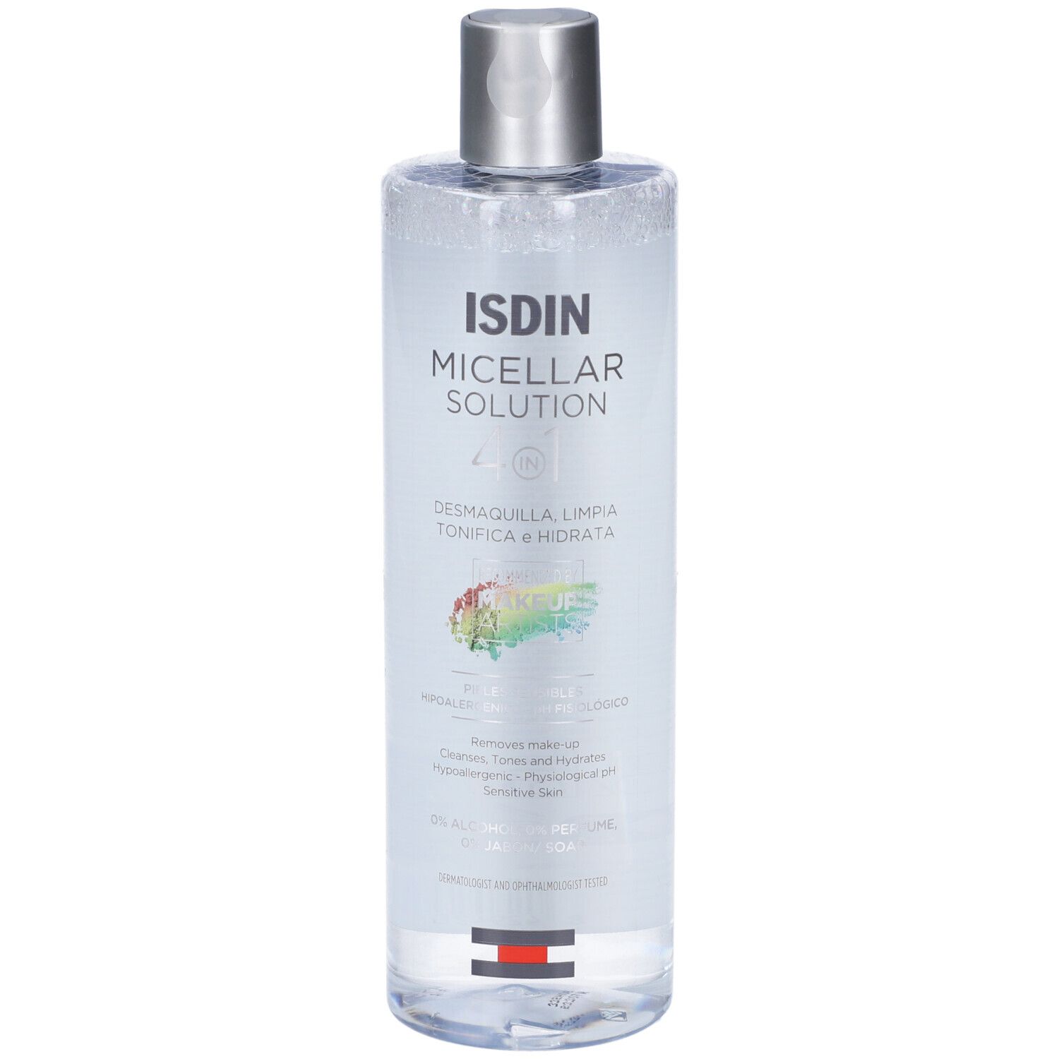 Solution micellaire ISDIN dans une bouteille transparente avec bouchon argenté. Étiquetage sur le flacon.